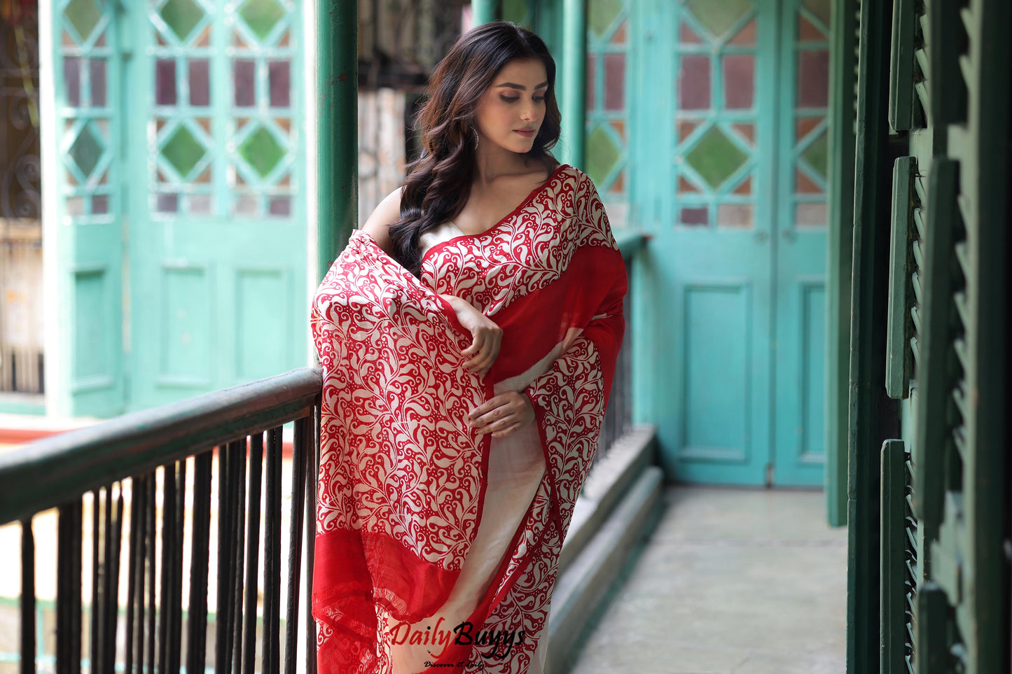 Red Block Printed Pure Silk Mark Certified Bishnupuri Silk Sarees - Dailybuyys