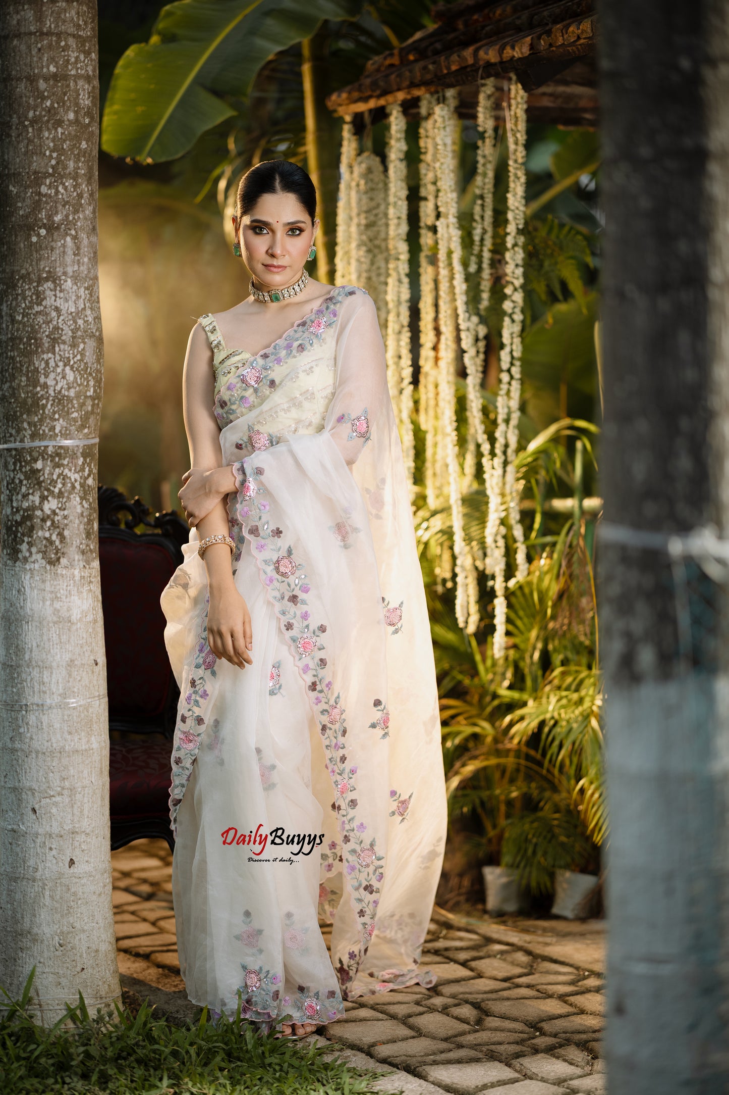Heavy Embroidery White Designer Pure Organza Sarees