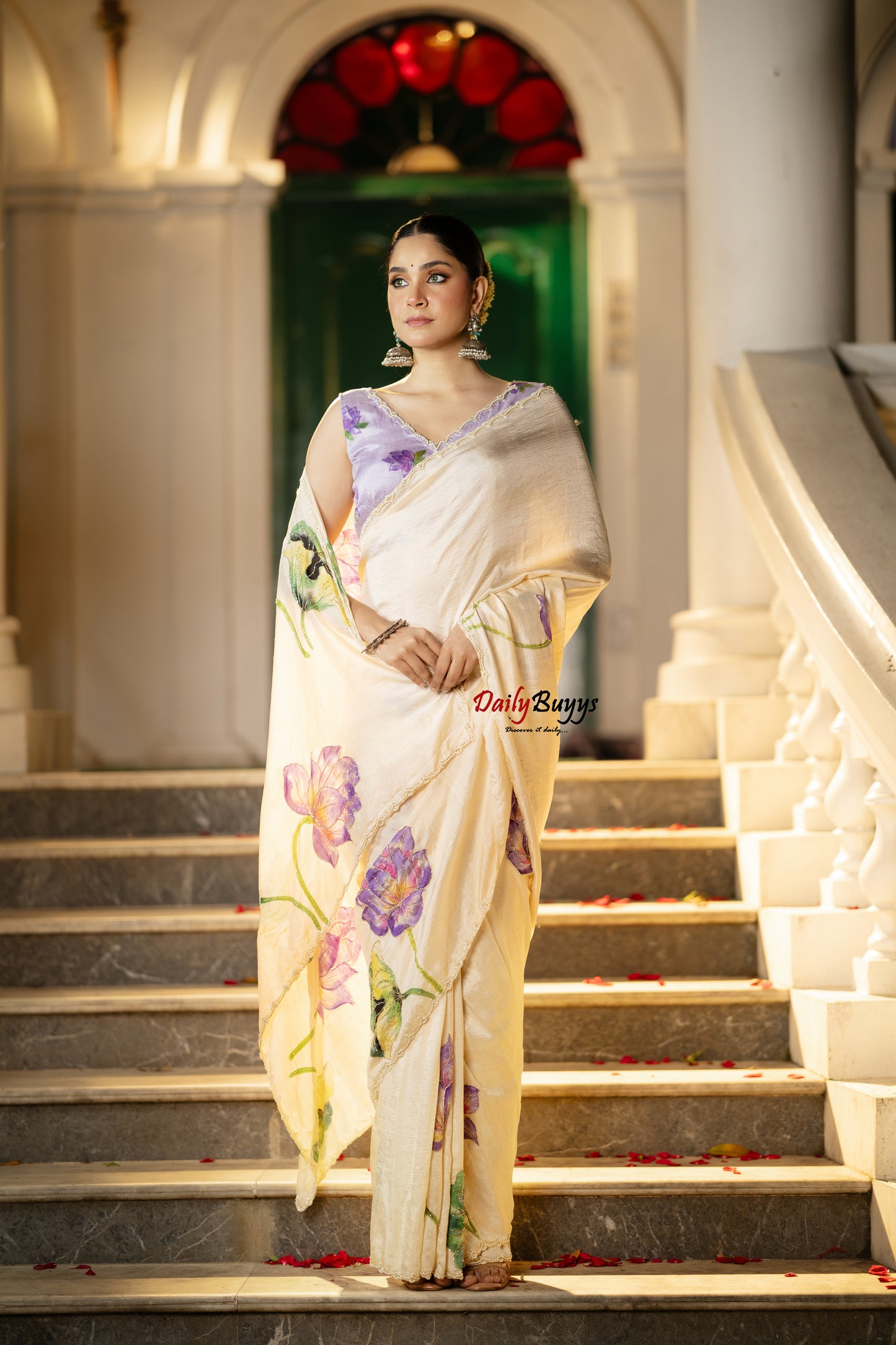Pure Silk Purple Lotus Hand Painted and Hand Embroidered Sarees