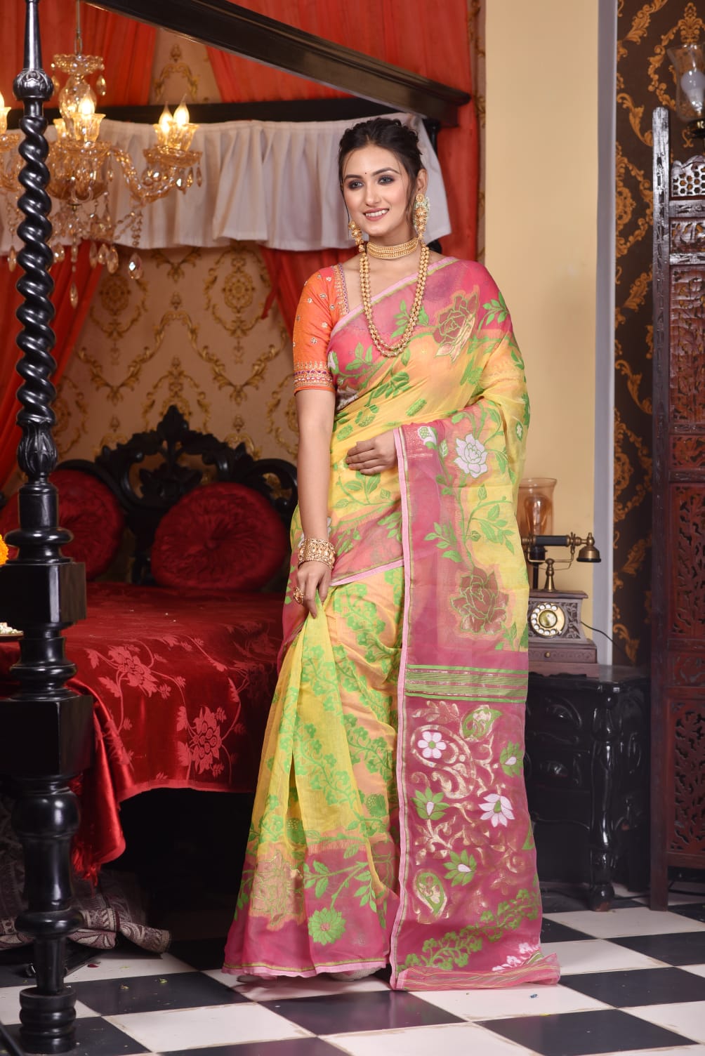 Designer Yellow & Pink Jamdani Saree - Dailybuyys