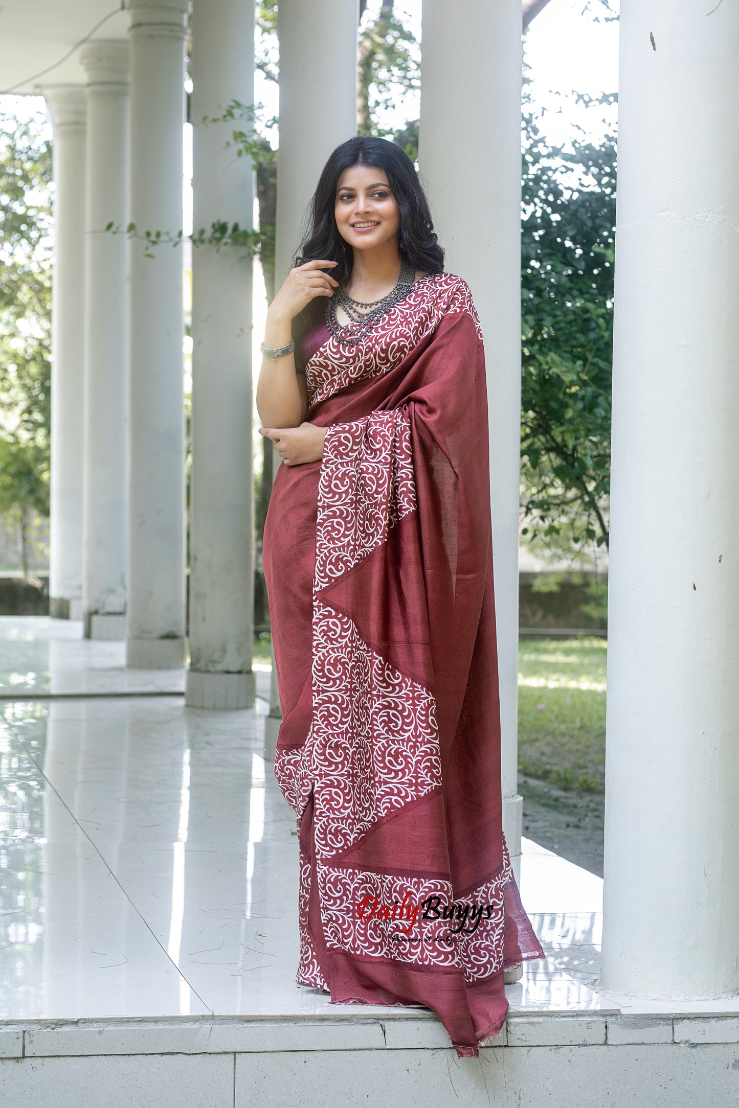 Brown Block Printed Painted Silk Mark Certified Bishnupuri Silk Sarees