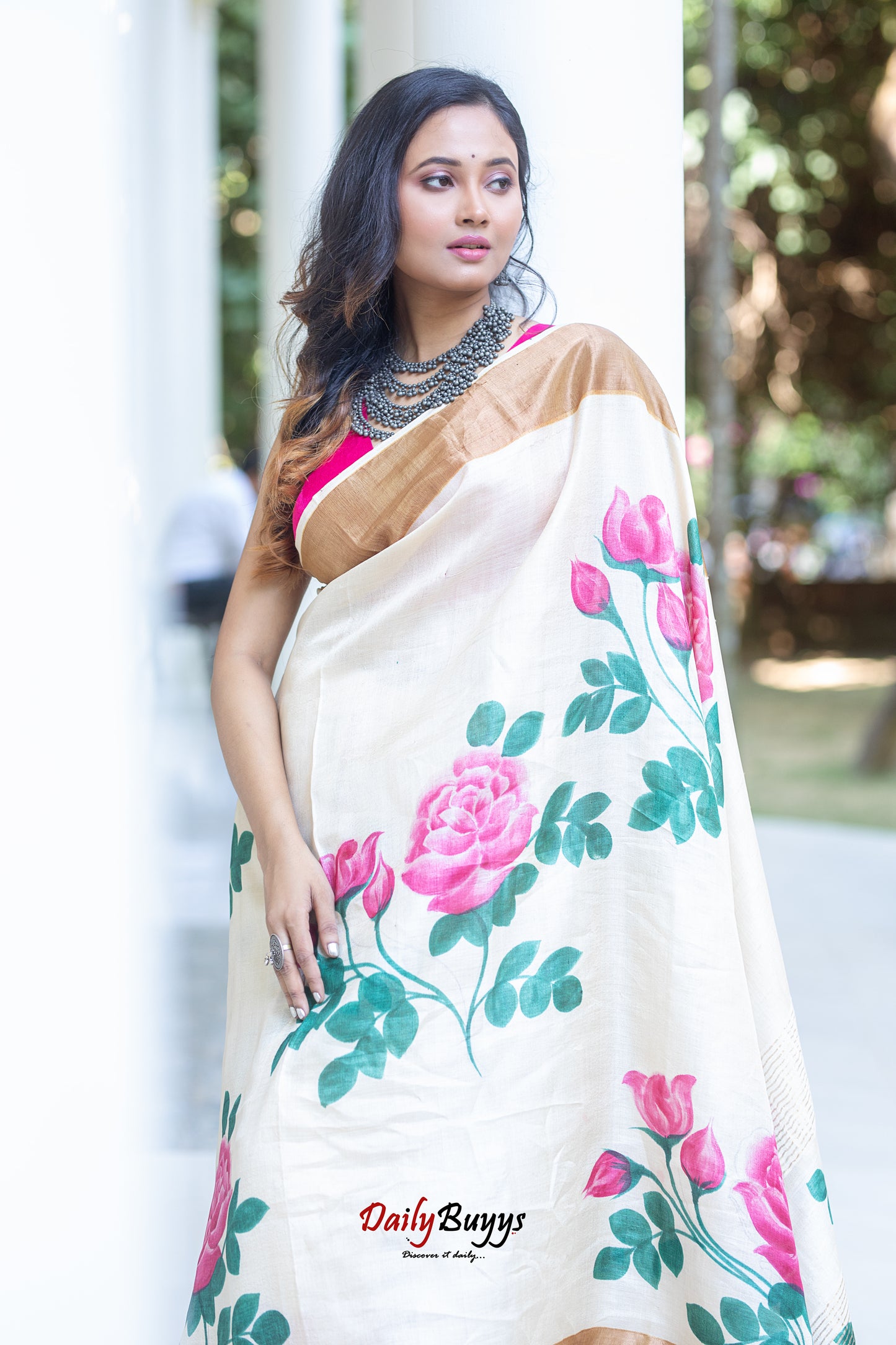 Rose Hand Painted Pure Silk Mark Certified Tussar Silk Sarees