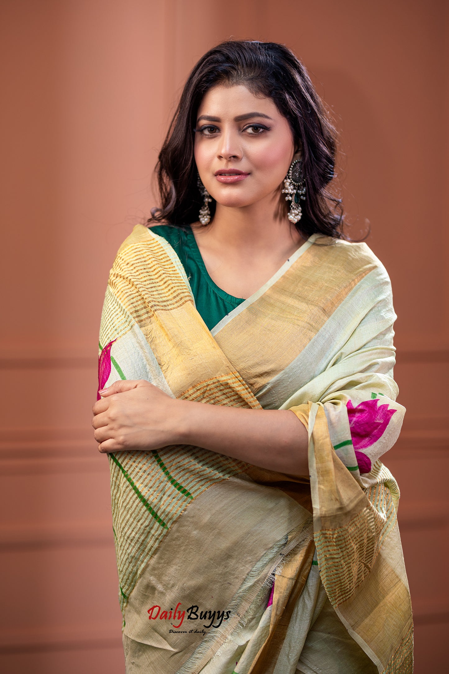 Floral Hand Painted Pure Silk Mark Certified Tussar Silk Sarees - Dailybuyys