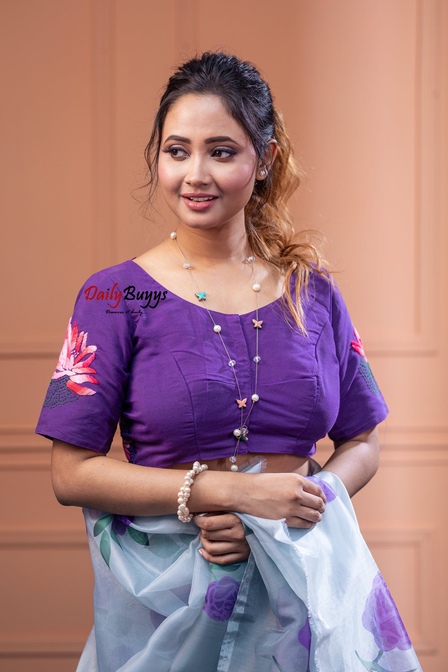 Purple Floral Embroidery Design Blouses - Dailybuyys