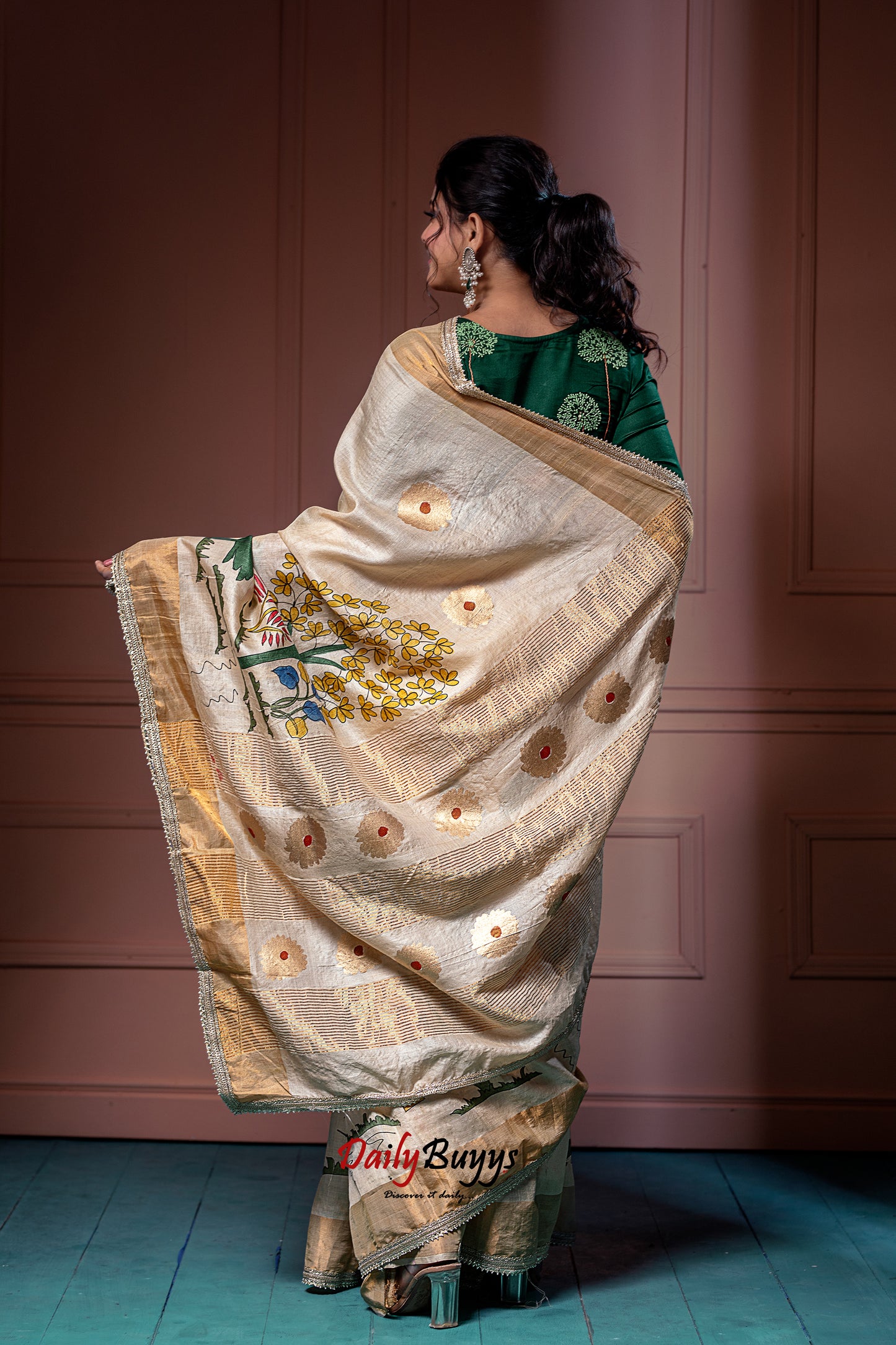 Designer Hand Painted Kalamkari Pure Silk Mark Certified Tussar Silk Sarees - Dailybuyys