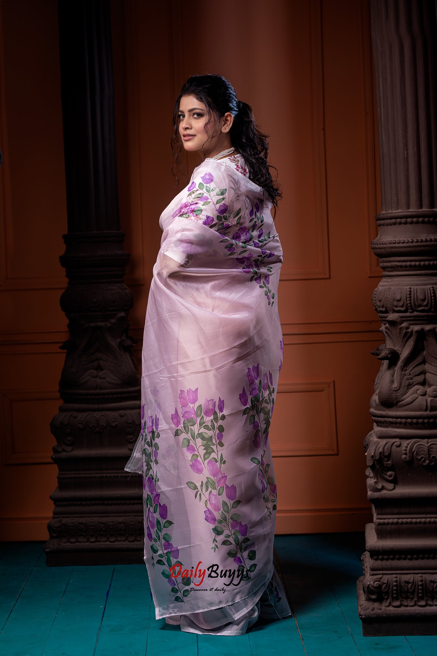 Digital Floral Print Organza Sarees - Dailybuyys