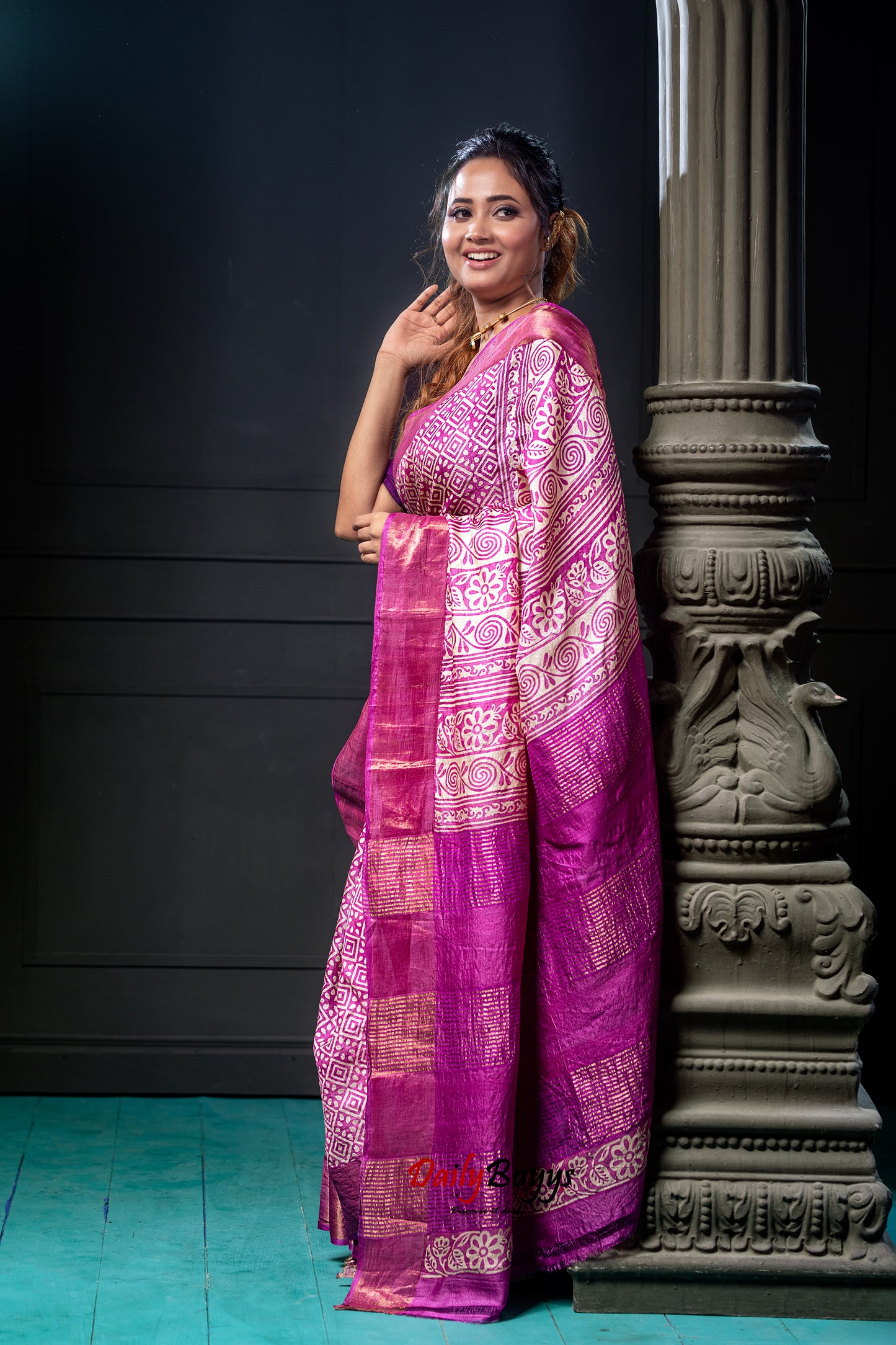 Pink Block Printed Pure Silk Mark Certified Tussar Silk Sarees - Dailybuyys