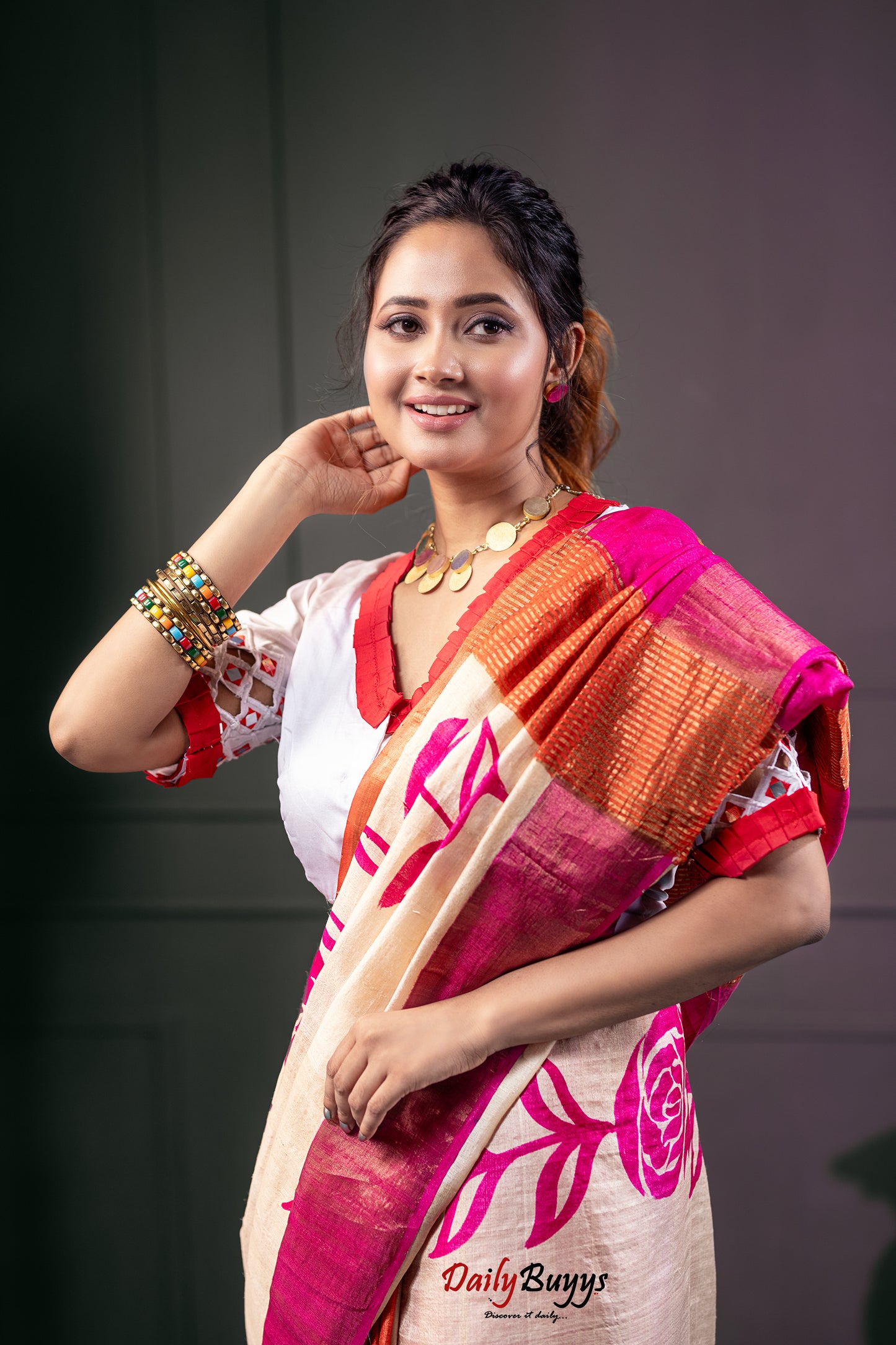 Red Block Printed Pure Silk Mark Certified Tussar Silk Sarees - Dailybuyys