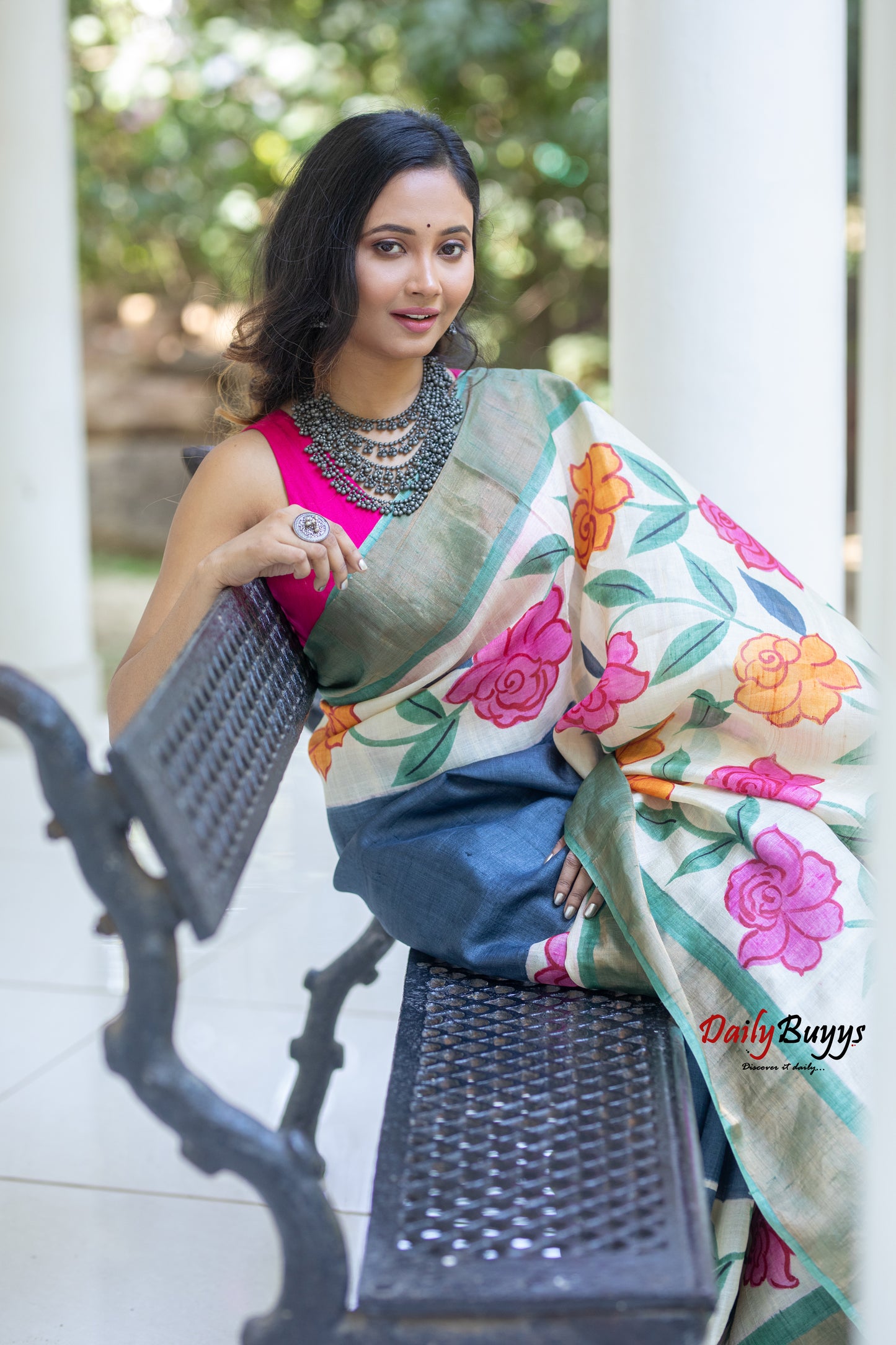 Floral Hand Painted Pure Silk Mark Certified Tussar Silk Sarees