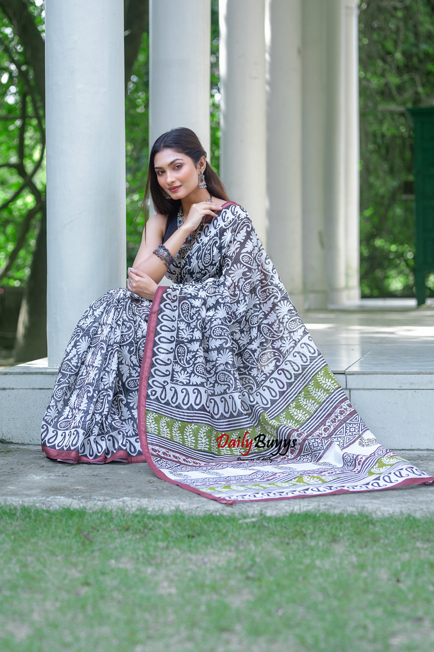 Black Block Printed Pure Chanderi Silk Sarees