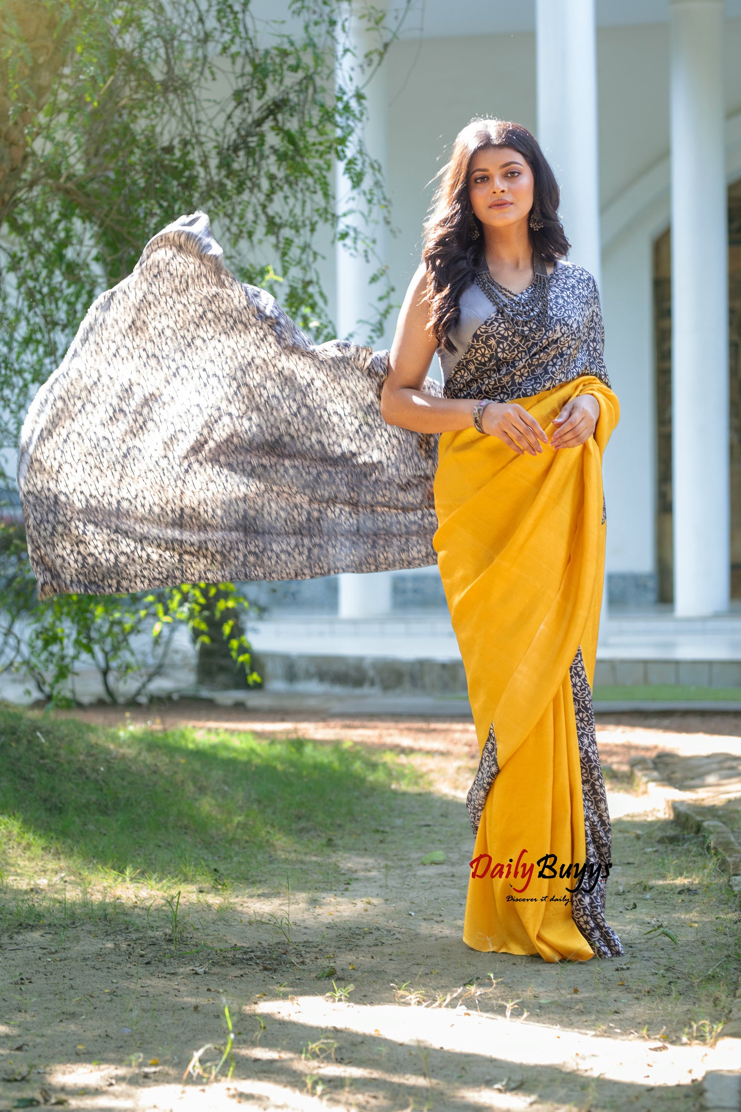 Yellow Block Printed Silk Mark Certified Bishnupuri Silk Sarees