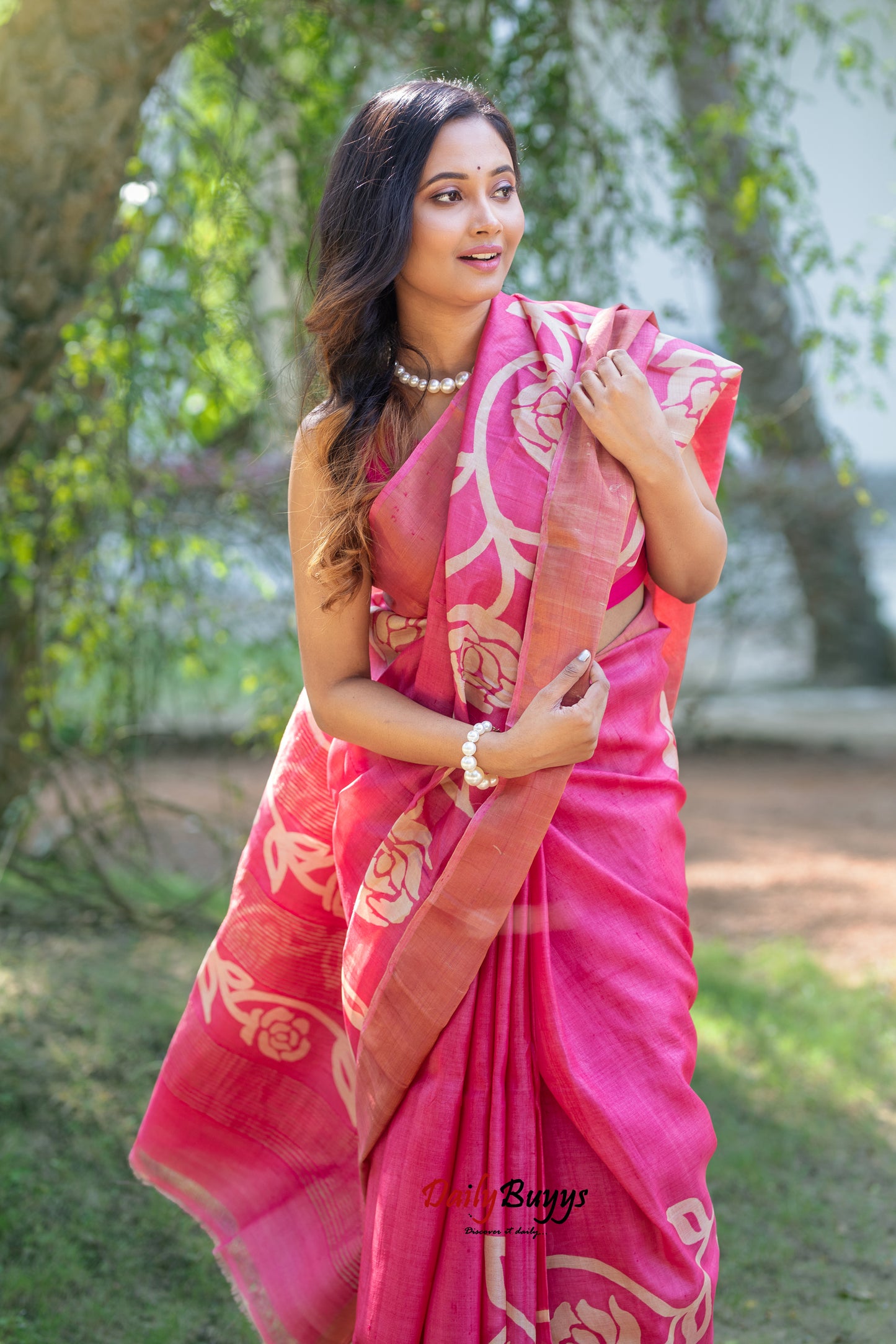 Pink Wax Hand Painted Pure Silk Mark Certified Tussar Silk Sarees