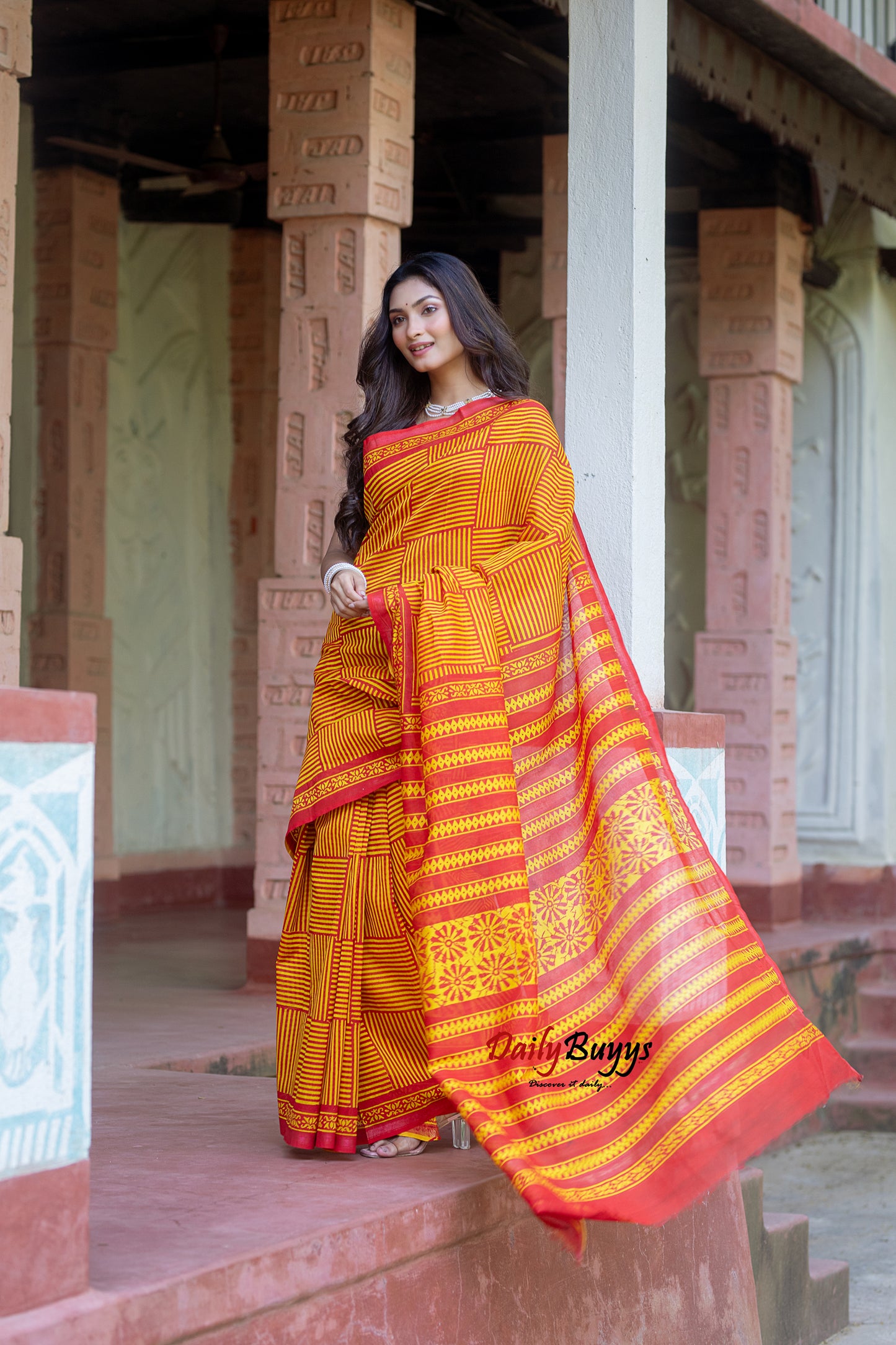 Yellow Red Block Printed Pure Chanderi Silk Sarees