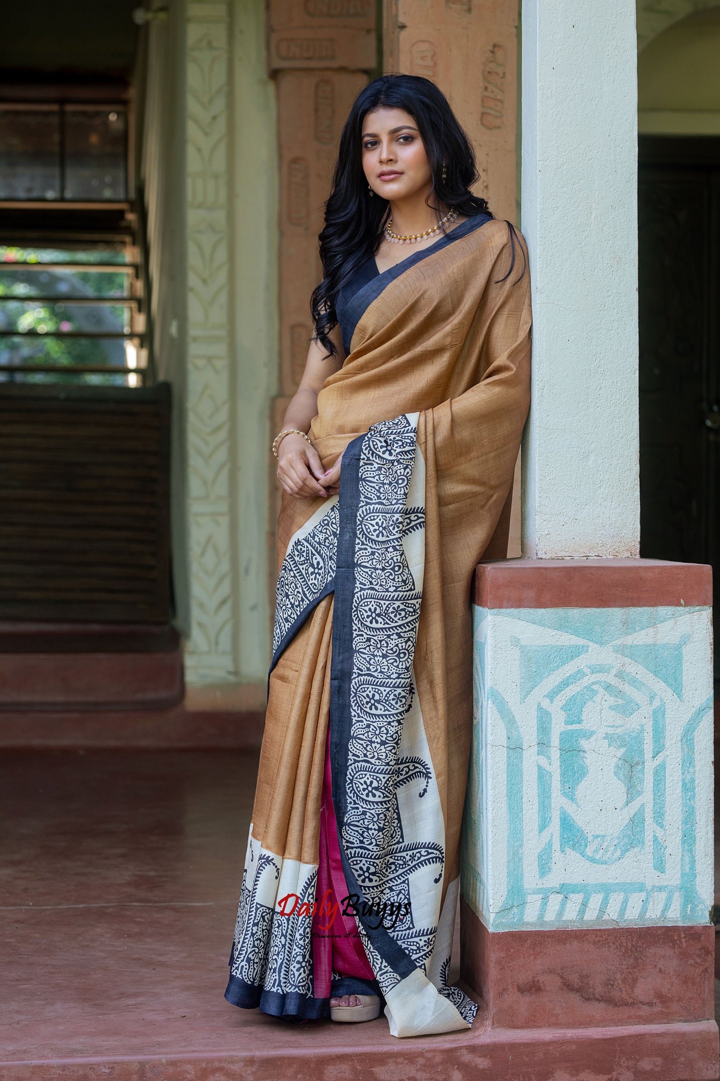 Brown Hand Painted Pure Silk Mark Certified Tussar Silk Sarees