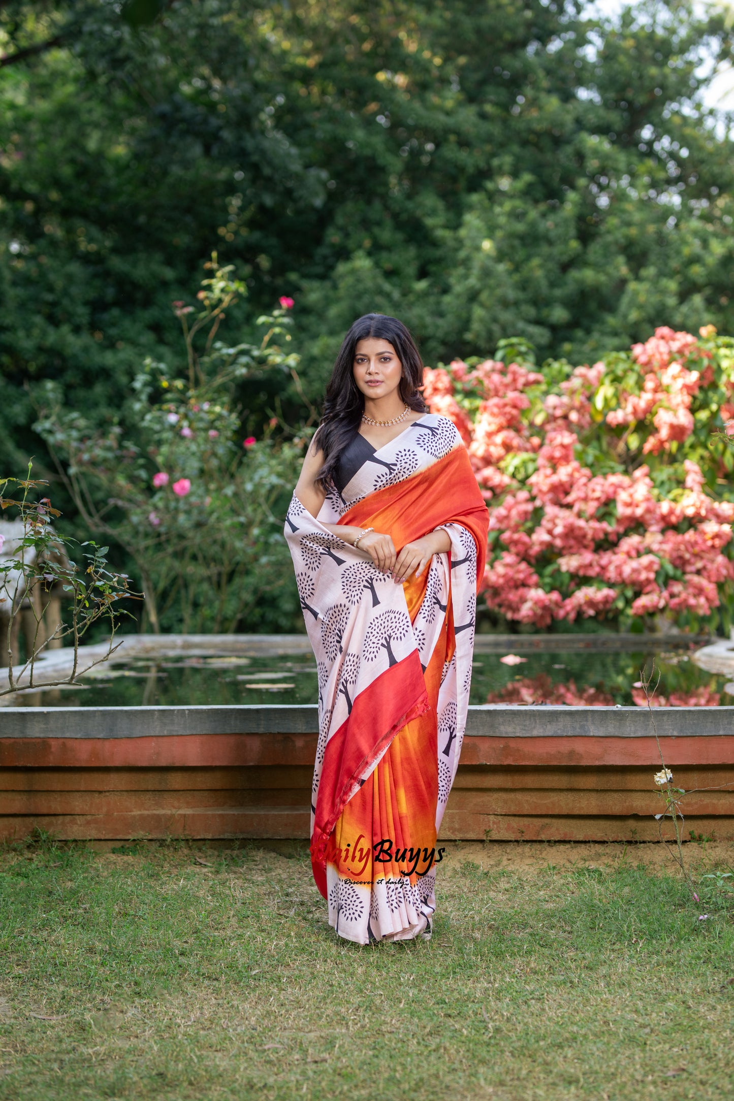 Orange Block Printed Silk Mark Certified Bishnupuri Silk Sarees