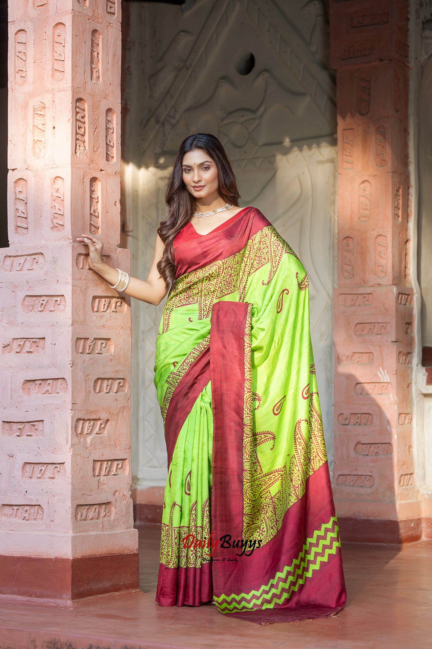 Neon Green Block Printed Silk Mark Certified Bishnupuri Silk Sarees