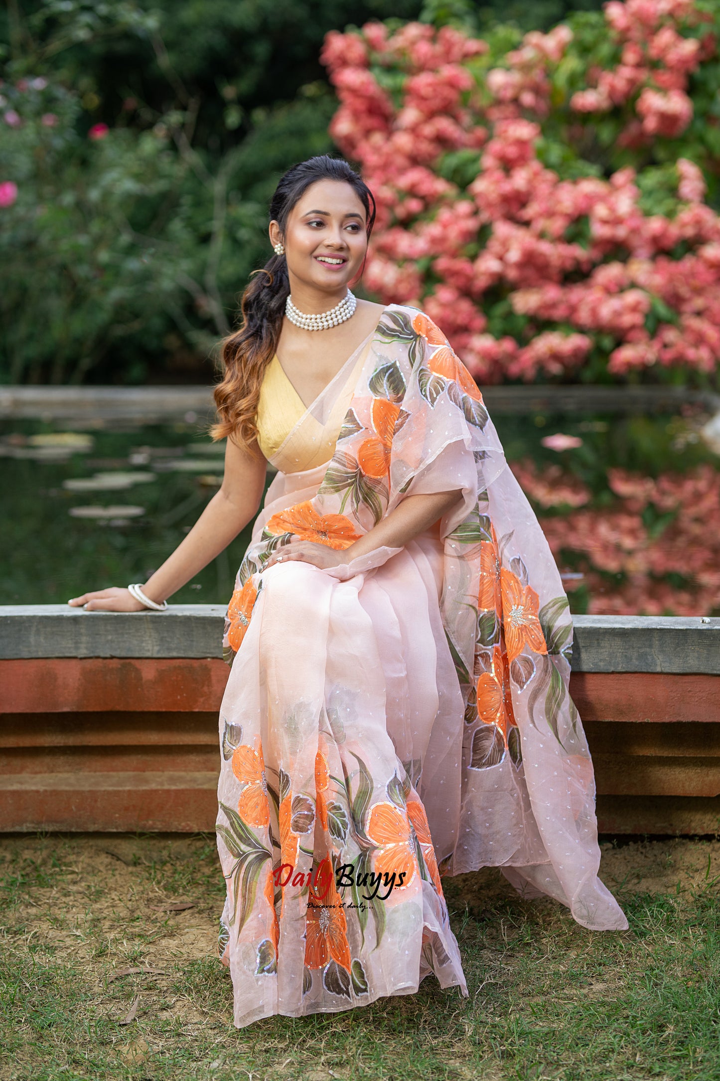 Designer Tikki Work Peach Organza Sarees