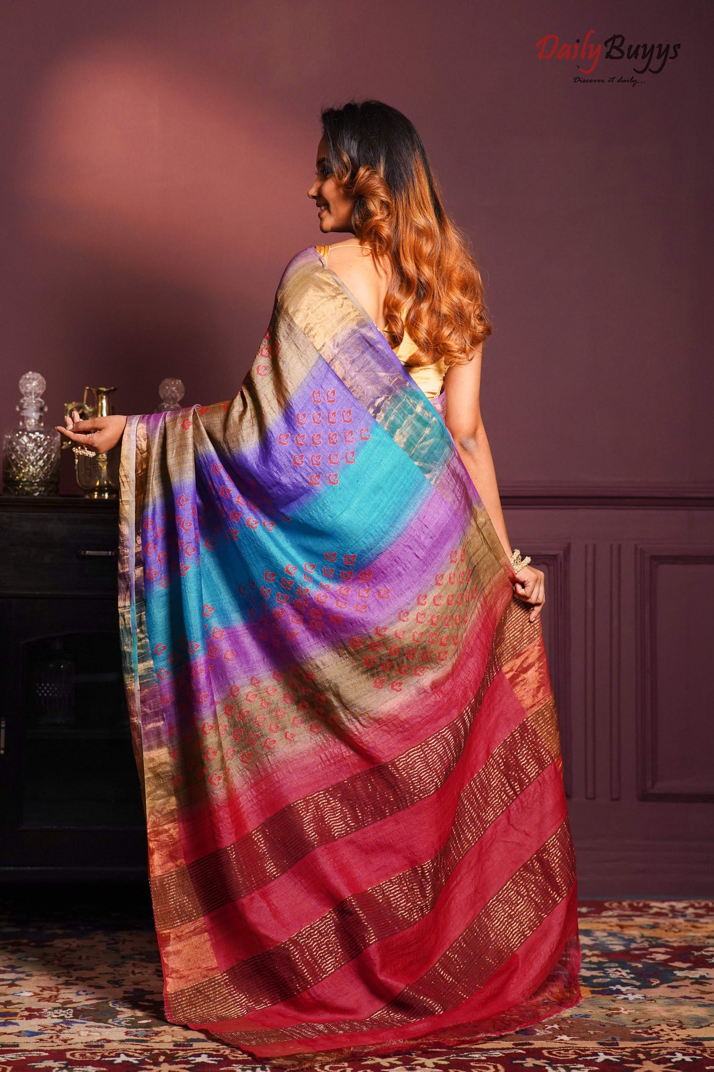 Multicolour Block Printed Zari Border Pure Silk Mark Certified Tussar Silk Sarees - Dailybuyys
