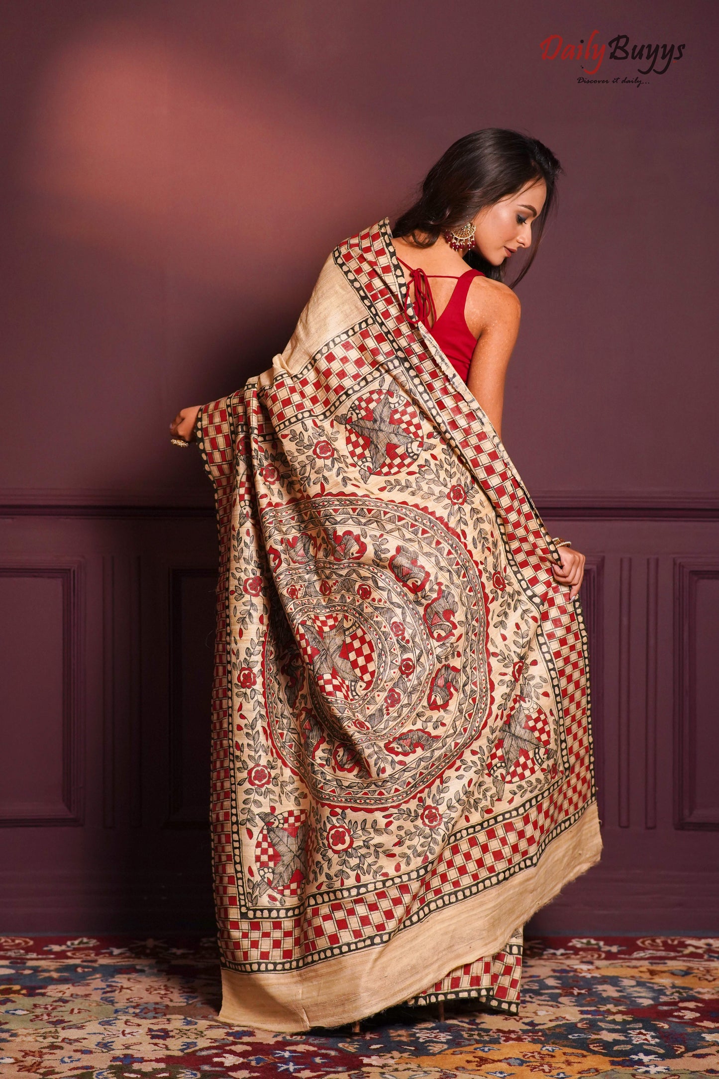 Beige Madhubani Printed Pure Silk Mark Certified Tussar Ghicha Silk Sarees - Dailybuyys