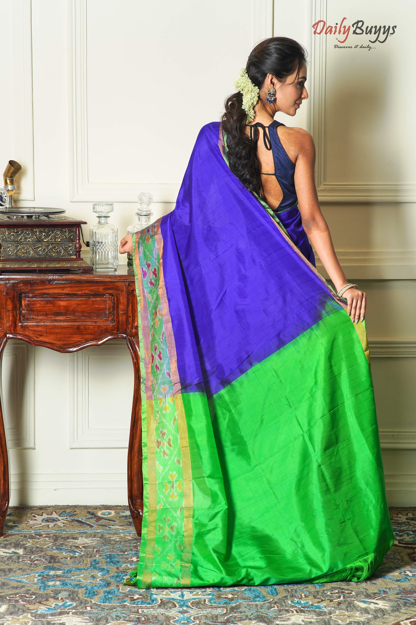 Royal Blue Green Pochampalli Border Pure Uppada Pattu Silk Sarees - Dailybuyys