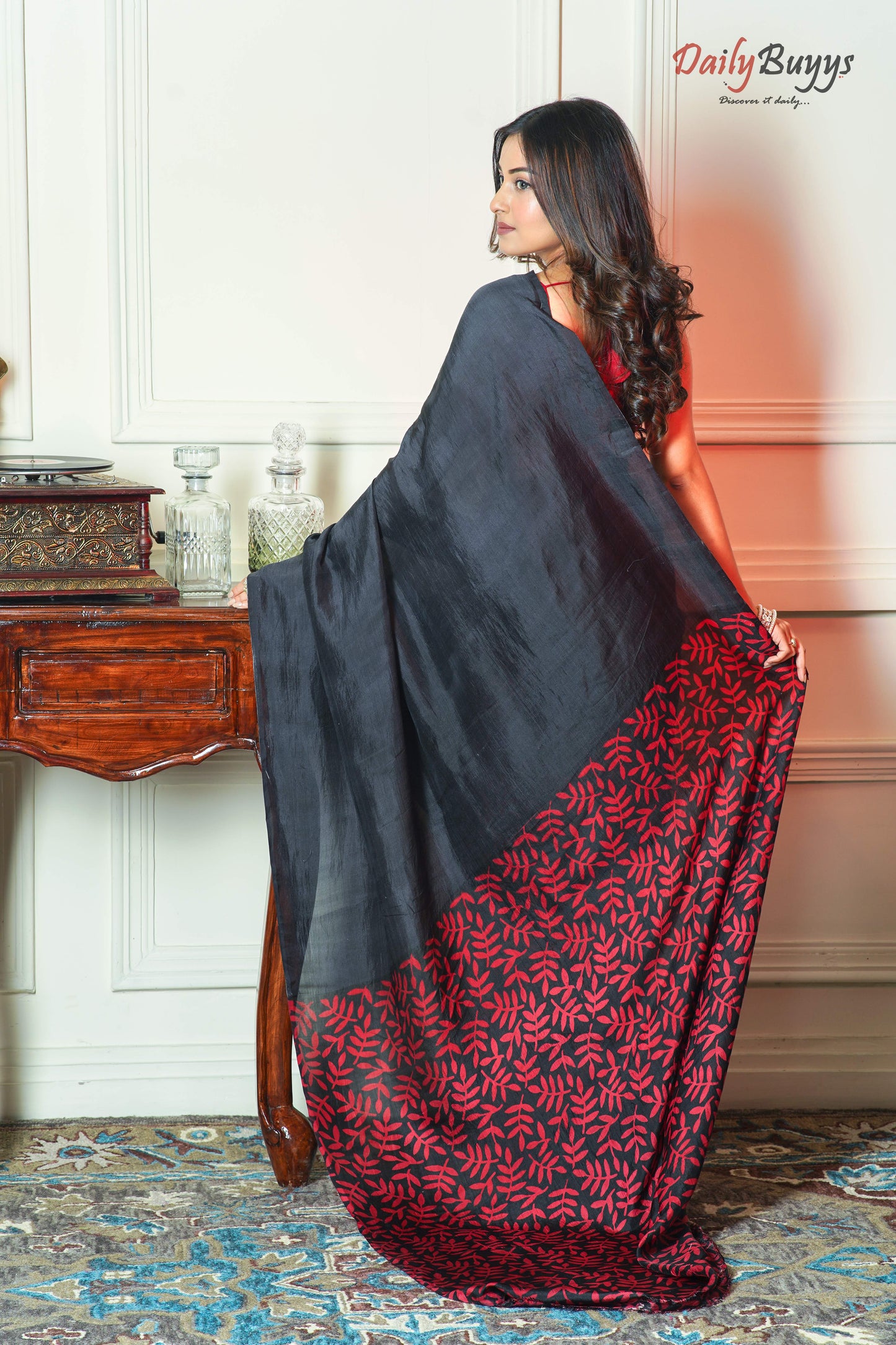 Classy Red Black Block Printed Pure Silk Mark Certified Bishnupuri Silk Sarees - Dailybuyys