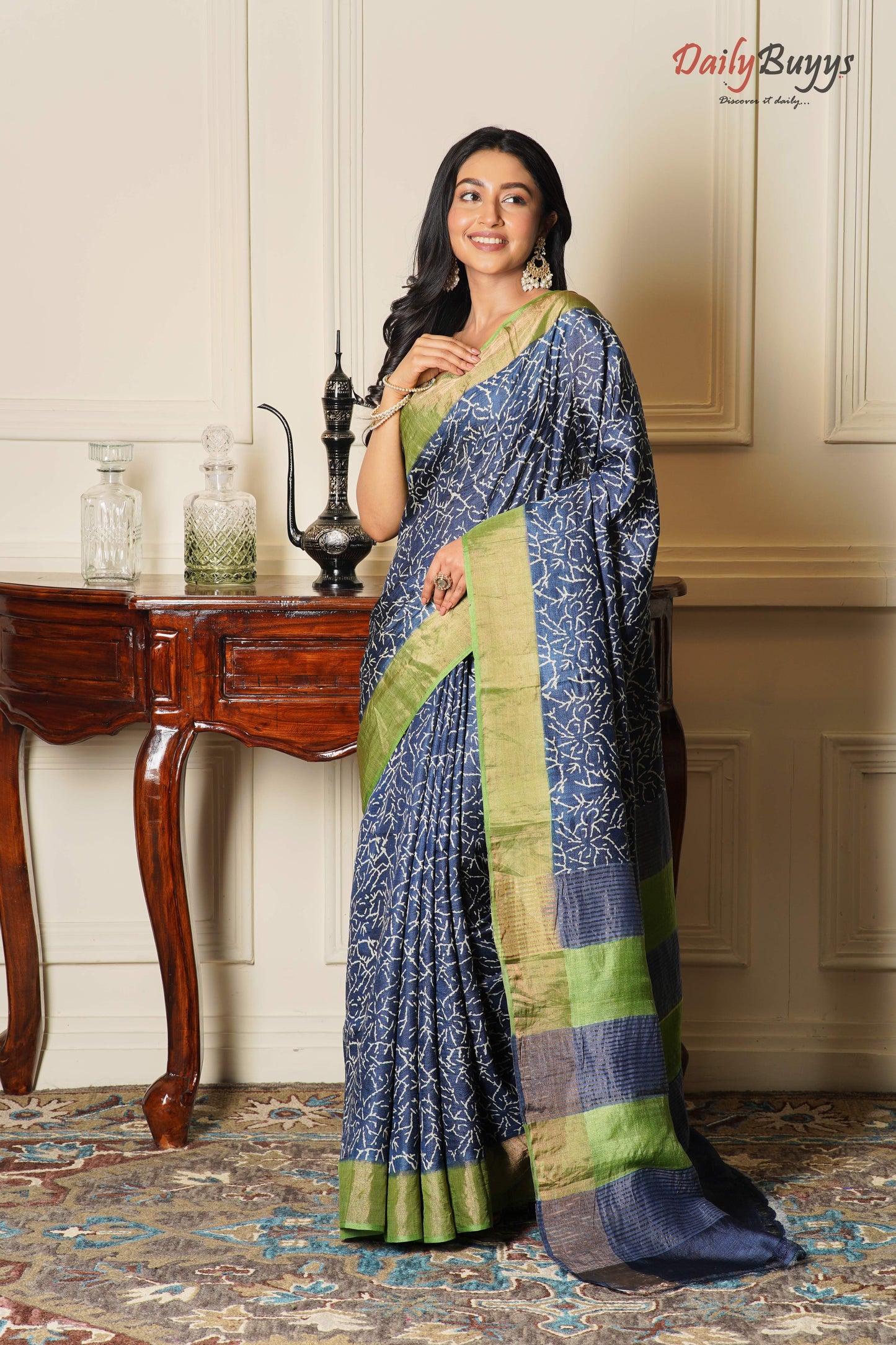 Crack Blue Block Printed Zari Border Pure Silk Mark Certified Tussar Silk Sarees - Dailybuyys