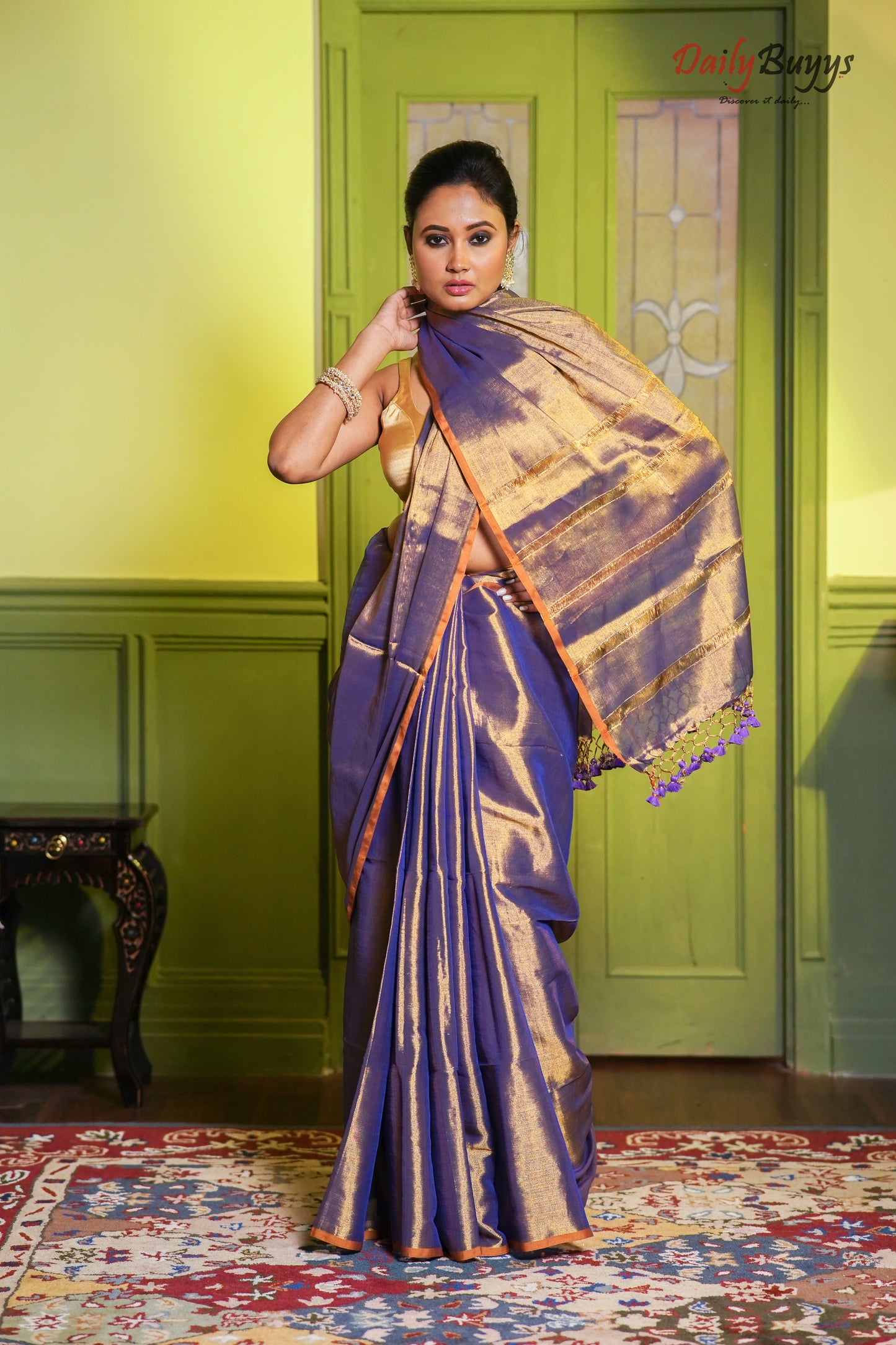 Golden Purple Sequin Work good Quality Metallic Tissue Silk Sarees - Dailybuyys
