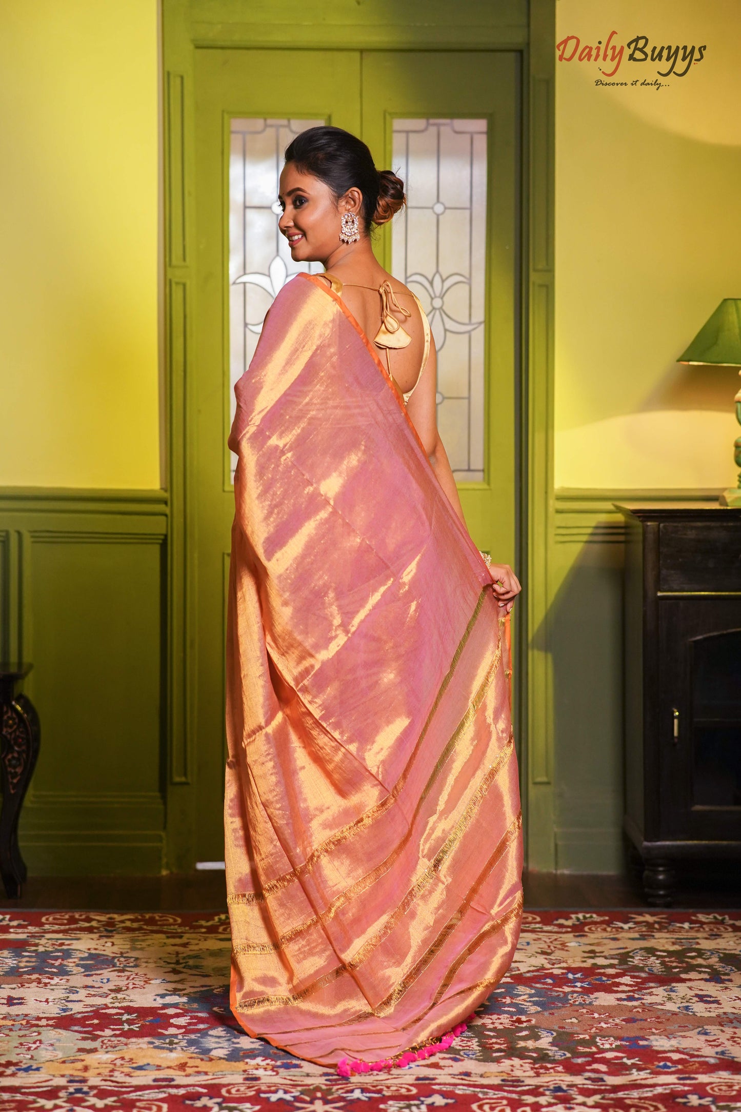 Golden Pink Sequin Work Handloom Metallic Tissue Silk Sarees - Dailybuyys