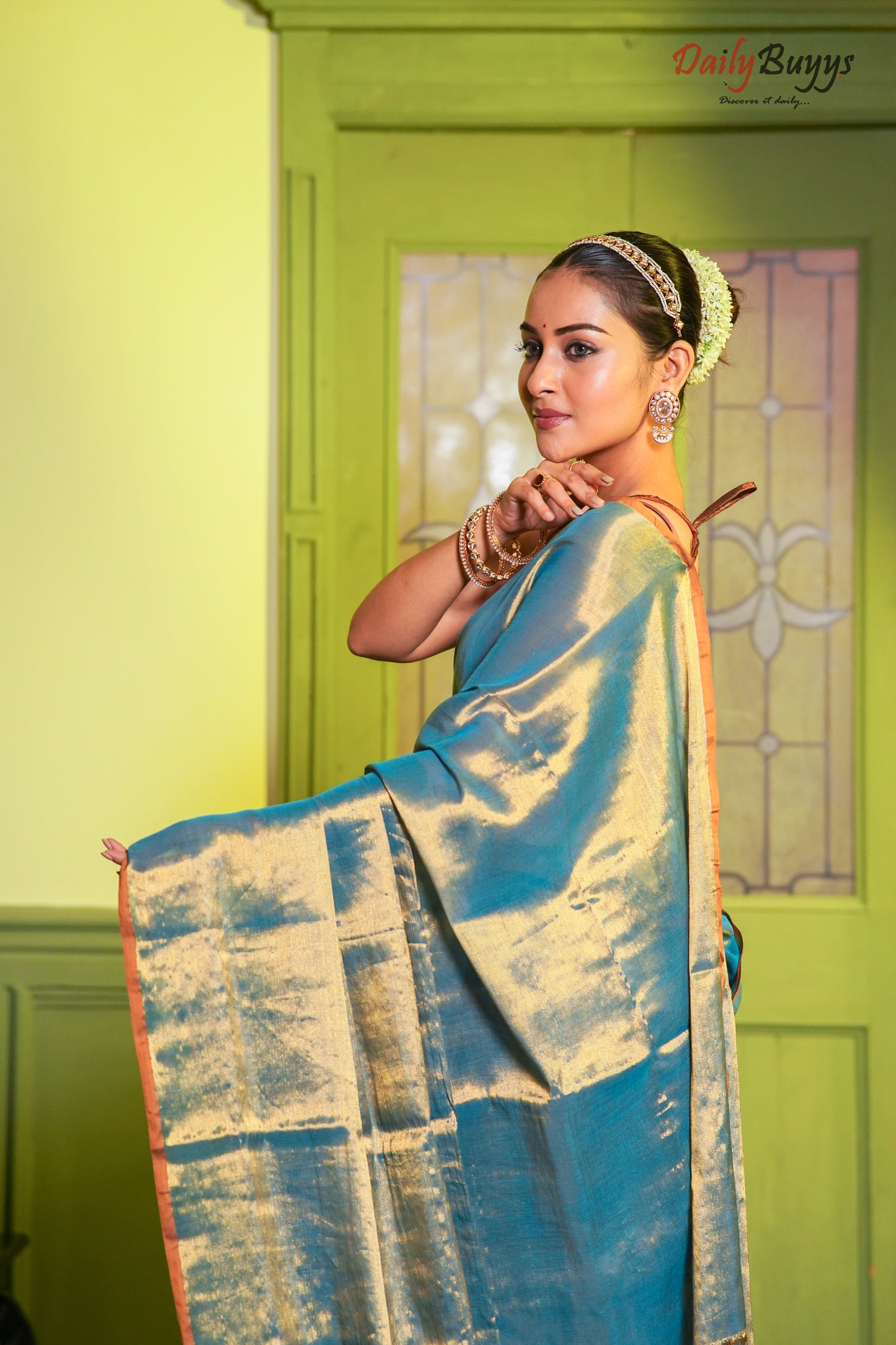 Golden Sea Blue Sequin Work Handloom Metallic Tissue Silk Sarees - Dailybuyys