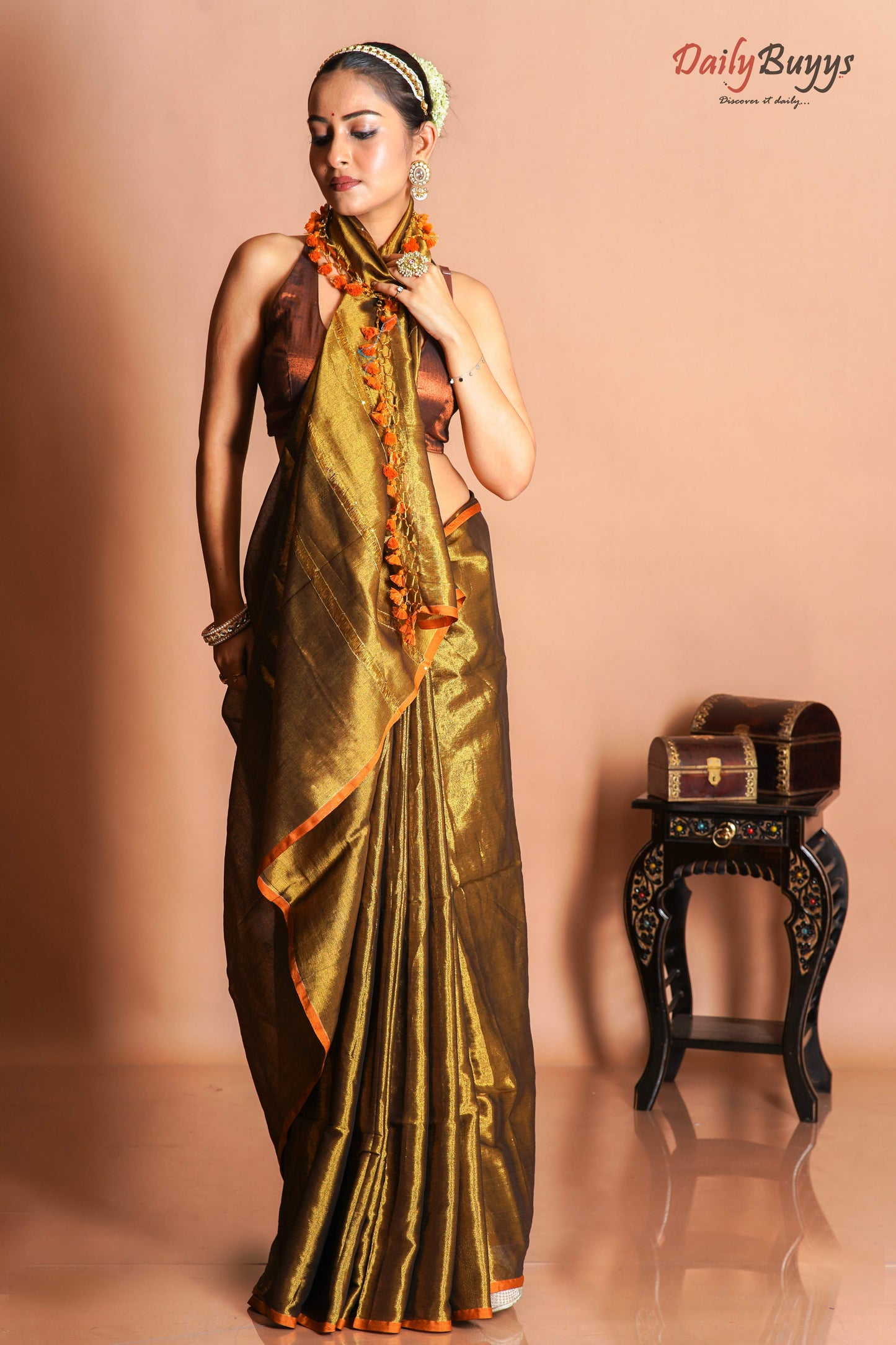 Dark Golden Sequin Work Handloom Metallic Tissue Silk Sarees - Dailybuyys