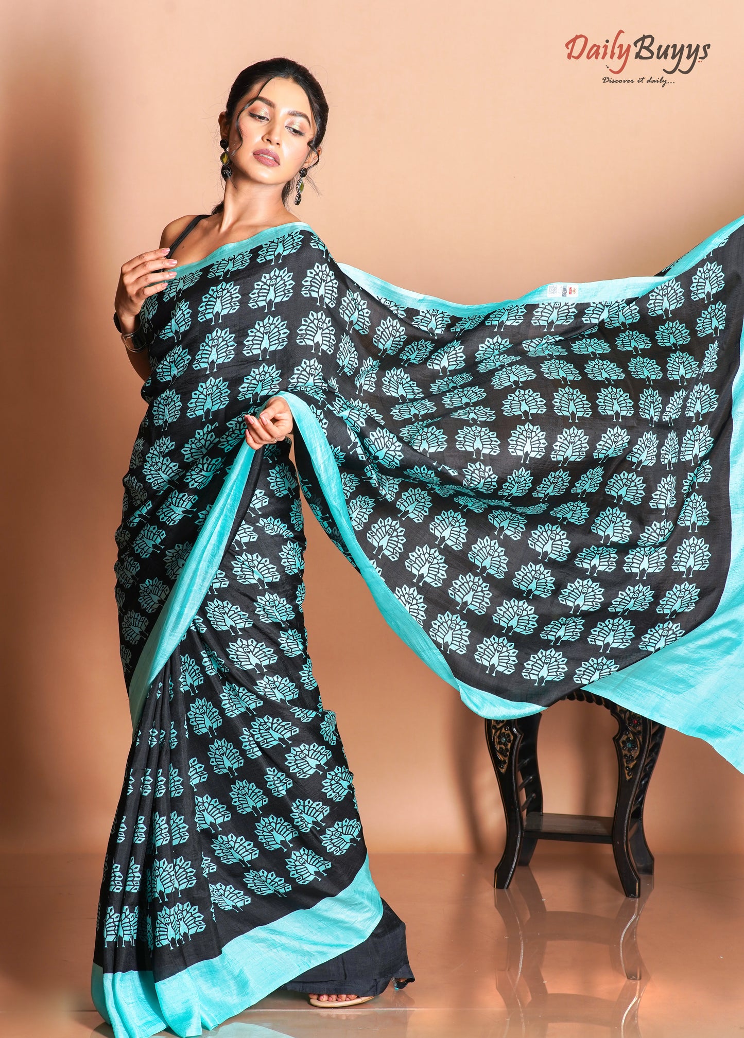 Peacock Block Printed Pure Silk Mark Certified Bishnupuri Silk Sarees - Dailybuyys