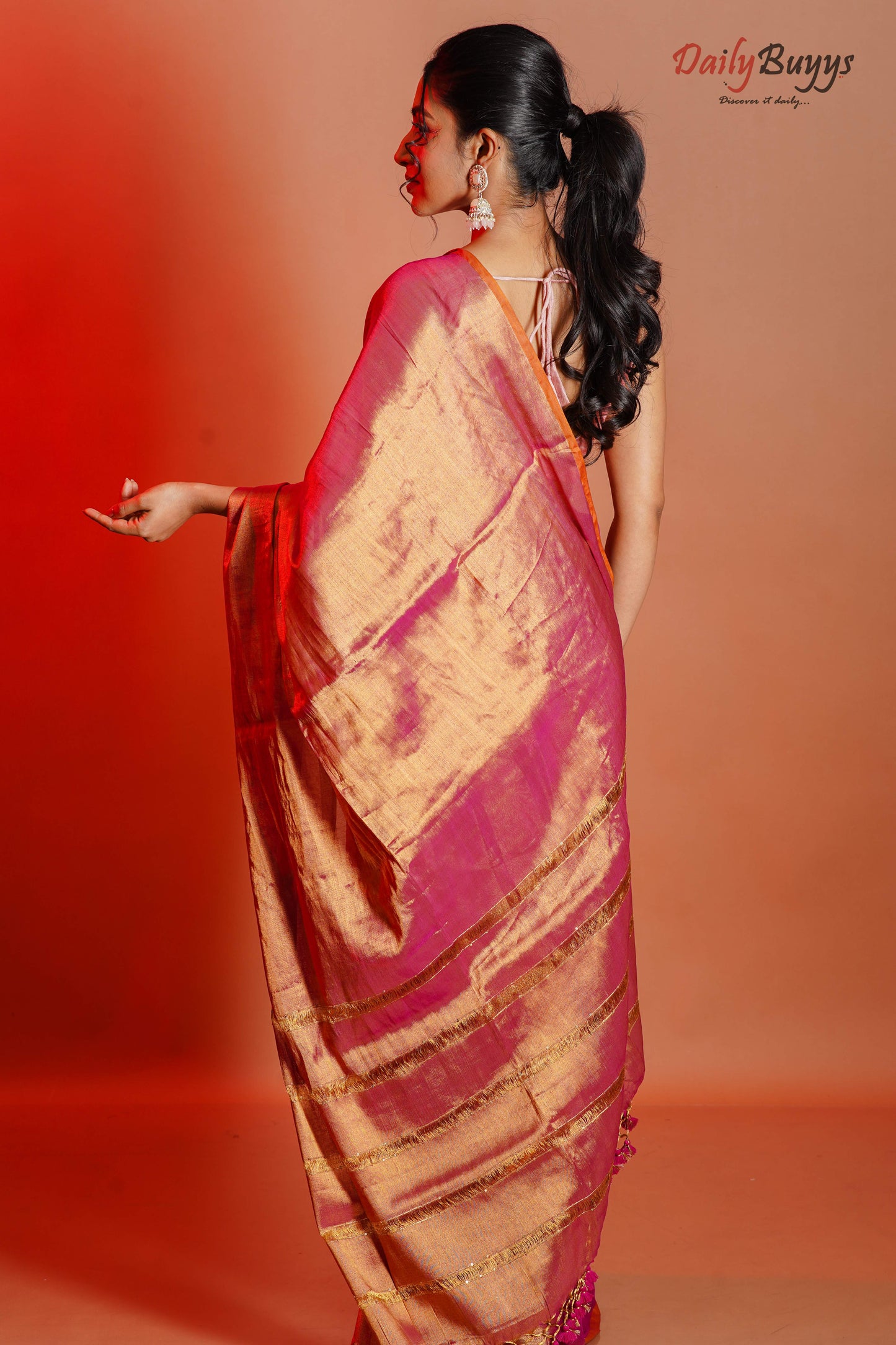 Golden Peach Sequin Work Handloom Metallic Tissue Silk Sarees - Dailybuyys