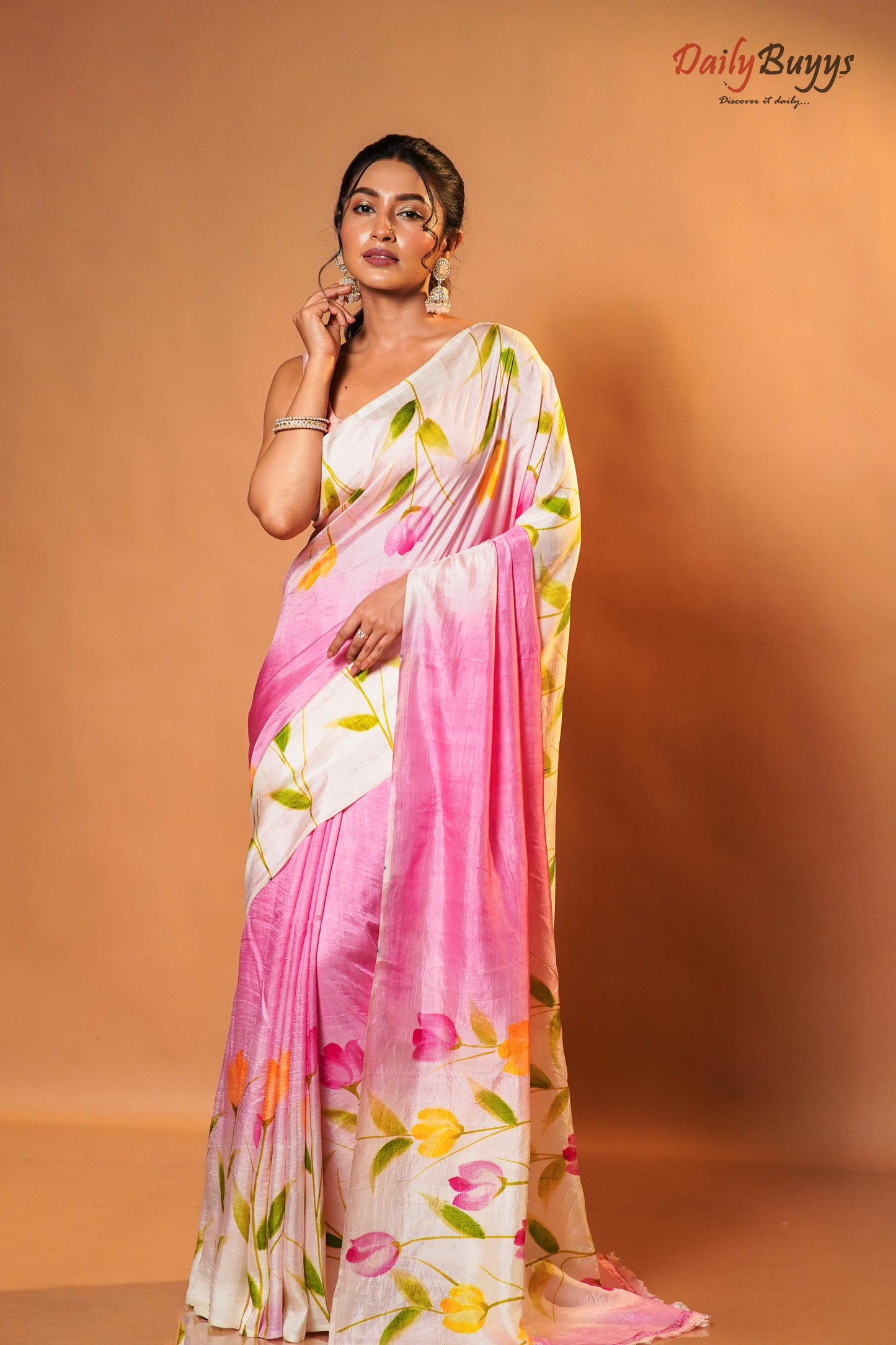 Floral Pink Hand Painted Pure Silk Mark Certified Bishnupuri Silk Sarees - Dailybuyys