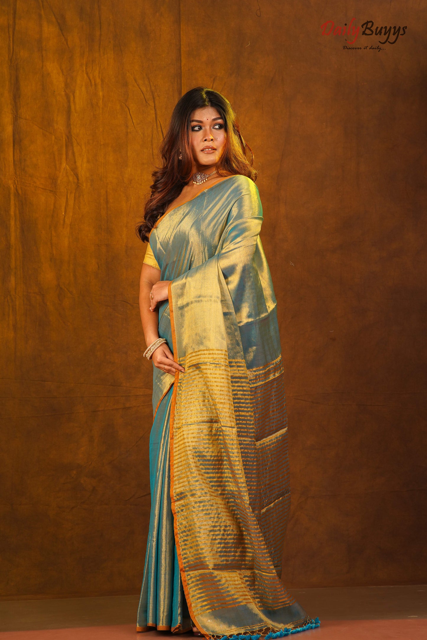 Golden Sky Blue Sequin Work Handloom Metallic Tissue Silk Sarees - Dailybuyys