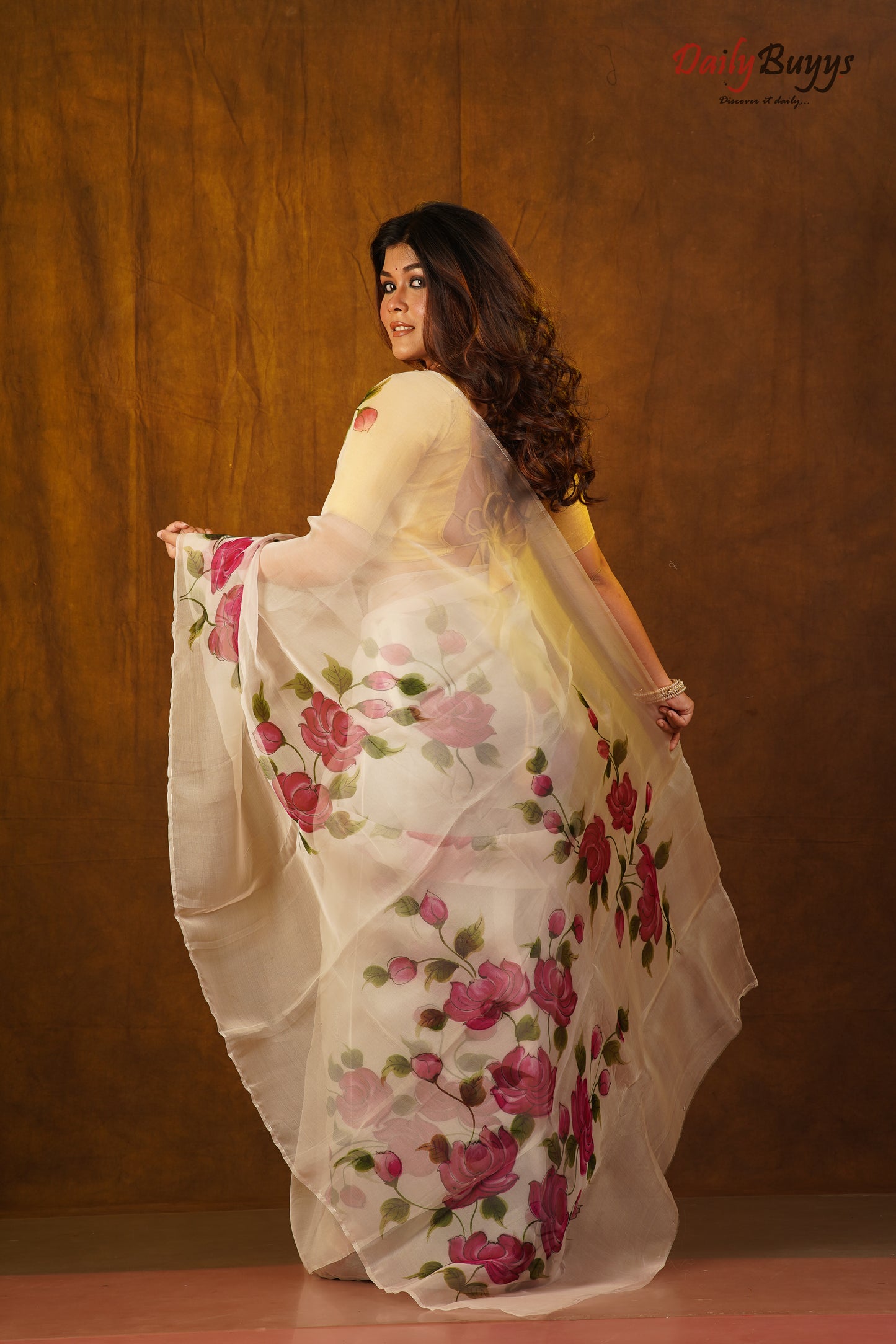 Pink Floral Hand Painted Pure Organza Sarees - Dailybuyys