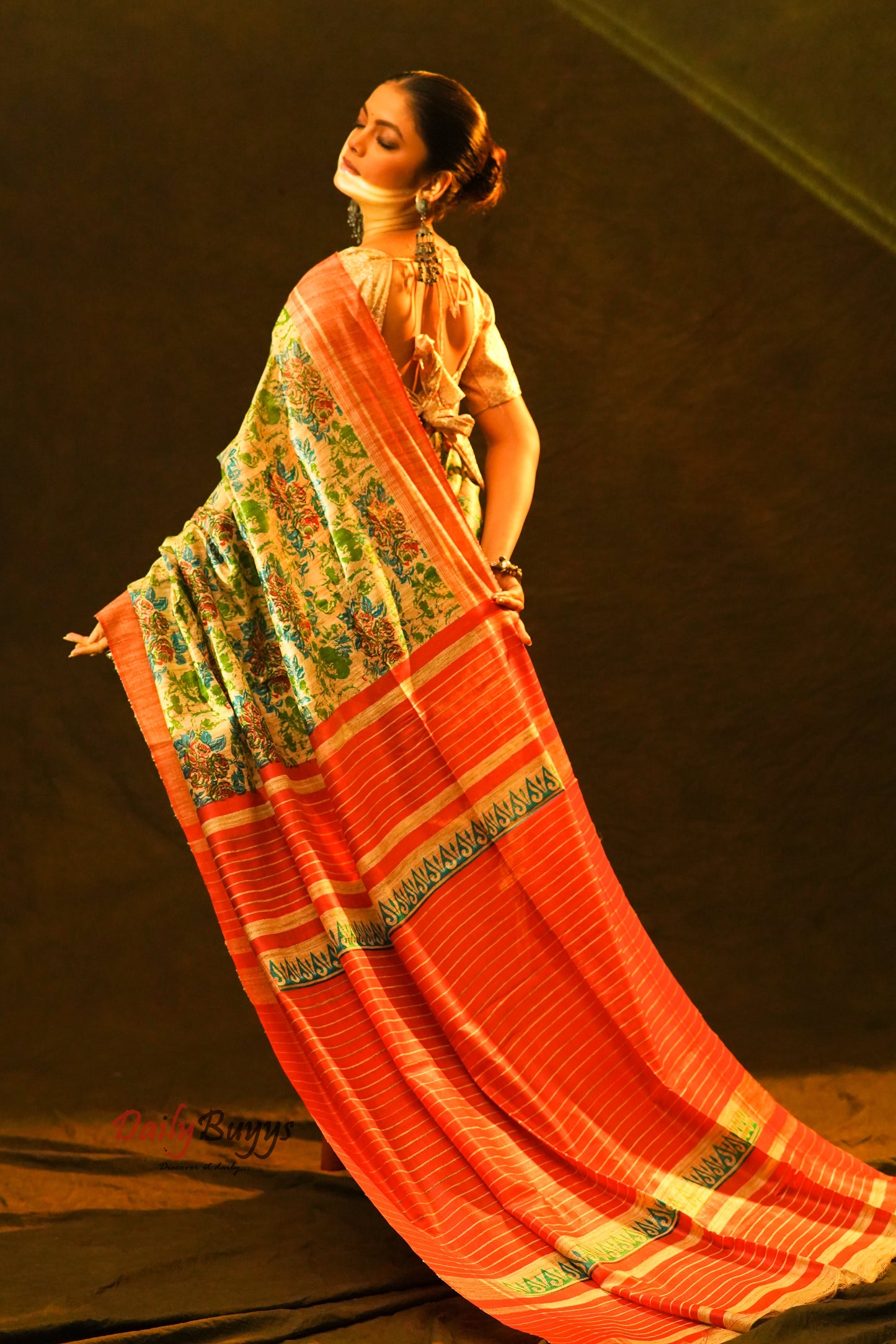 Floral Digital Printed Pure Silk Mark Certified Tussar Ghicha Silk Sarees - Dailybuyys