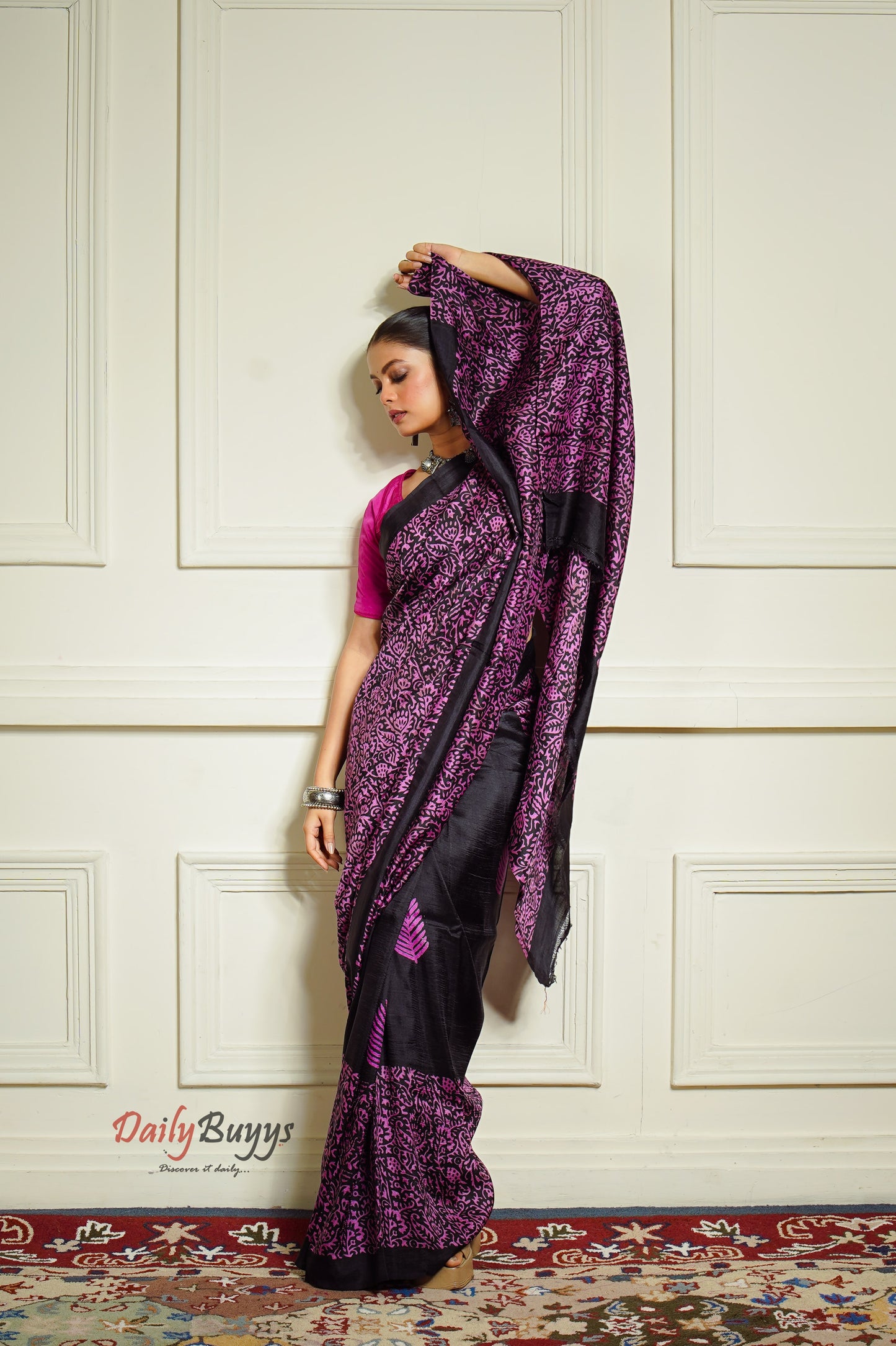 Floral Black Block Printed Silk Mark Certified Bishnupuri Silk Sarees - Dailybuyys
