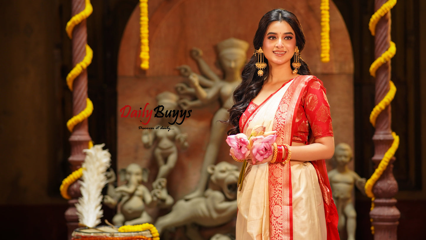 Red White Festive Special Zari Work Banarasi Silk Sarees - Dailybuyys