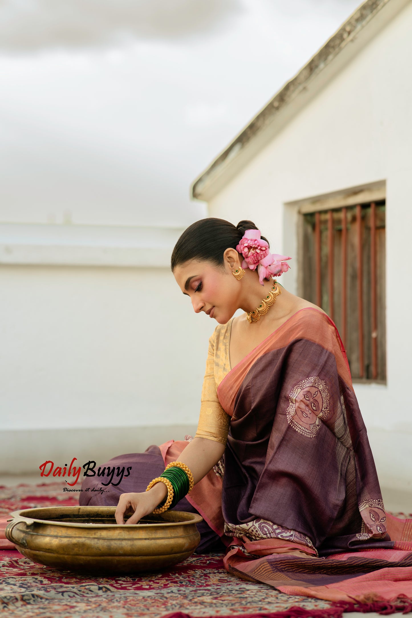 Brown Block Printed Pure Silk Mark Certified Tussar Silk Sarees - Dailybuyys