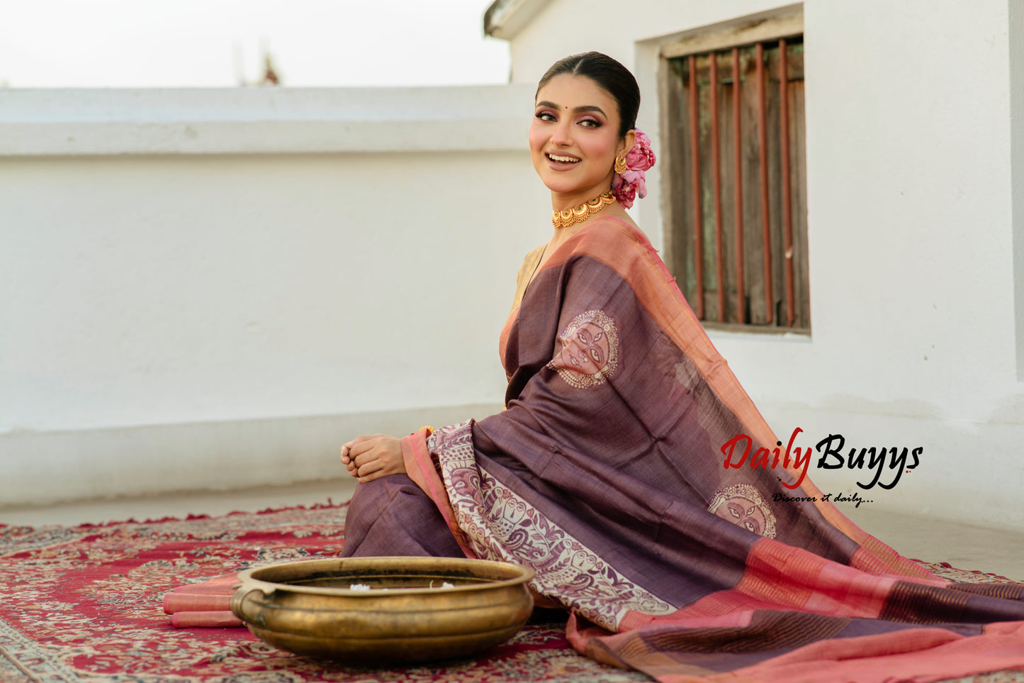 Brown Block Printed Pure Silk Mark Certified Tussar Silk Sarees - Dailybuyys