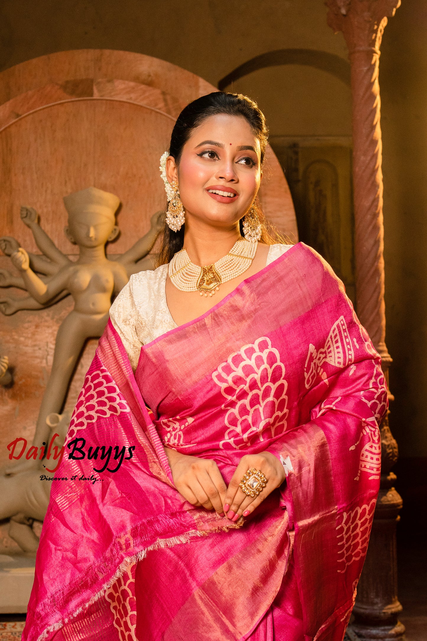 Dancing Doll Pink Block Printed Pure Silk Mark Certified Tussar Silk Sarees - Dailybuyys