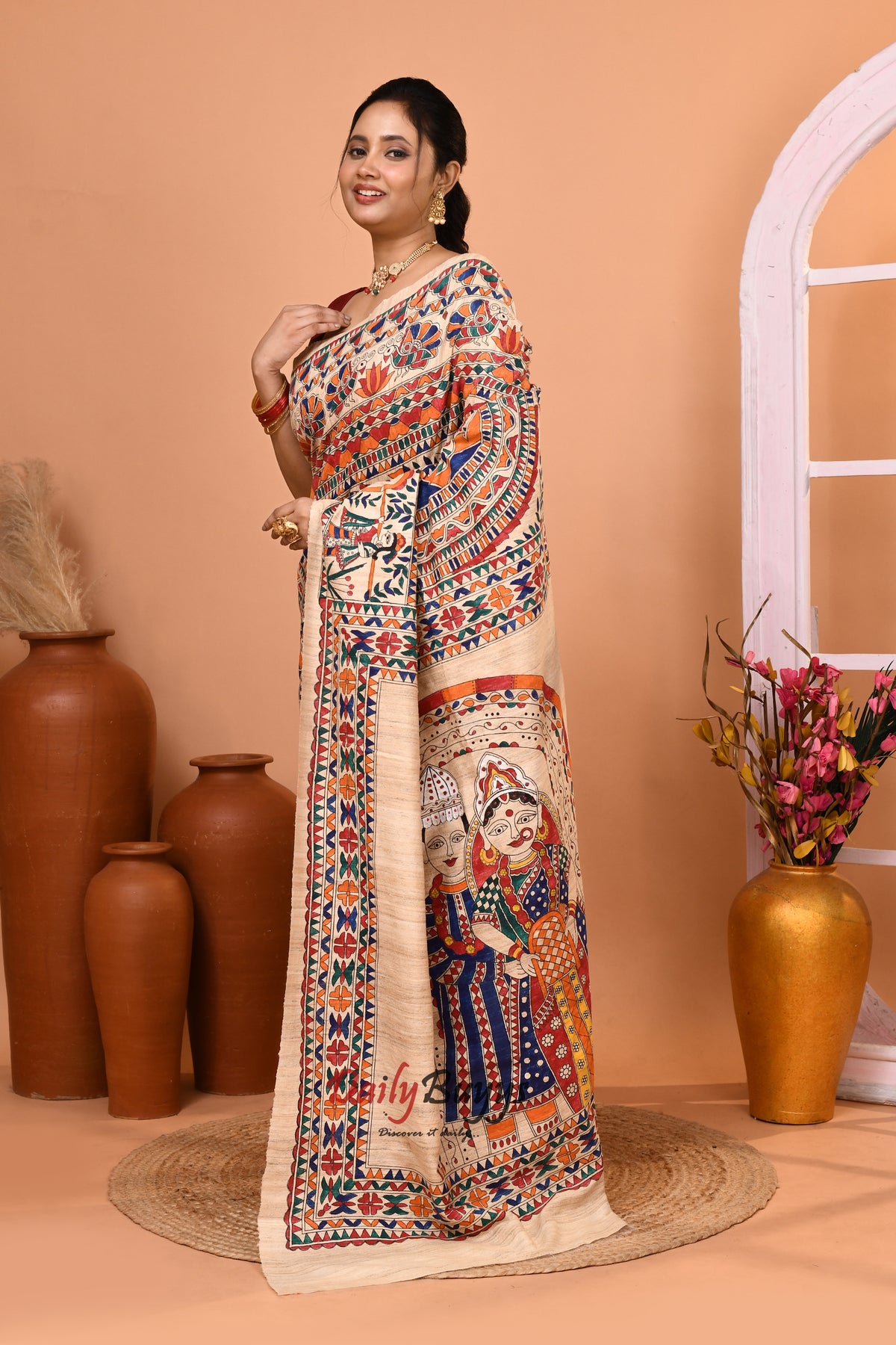 Beige Madhubani Bridal Pure Silk Mark Certified Tussar Ghicha Silk Sarees