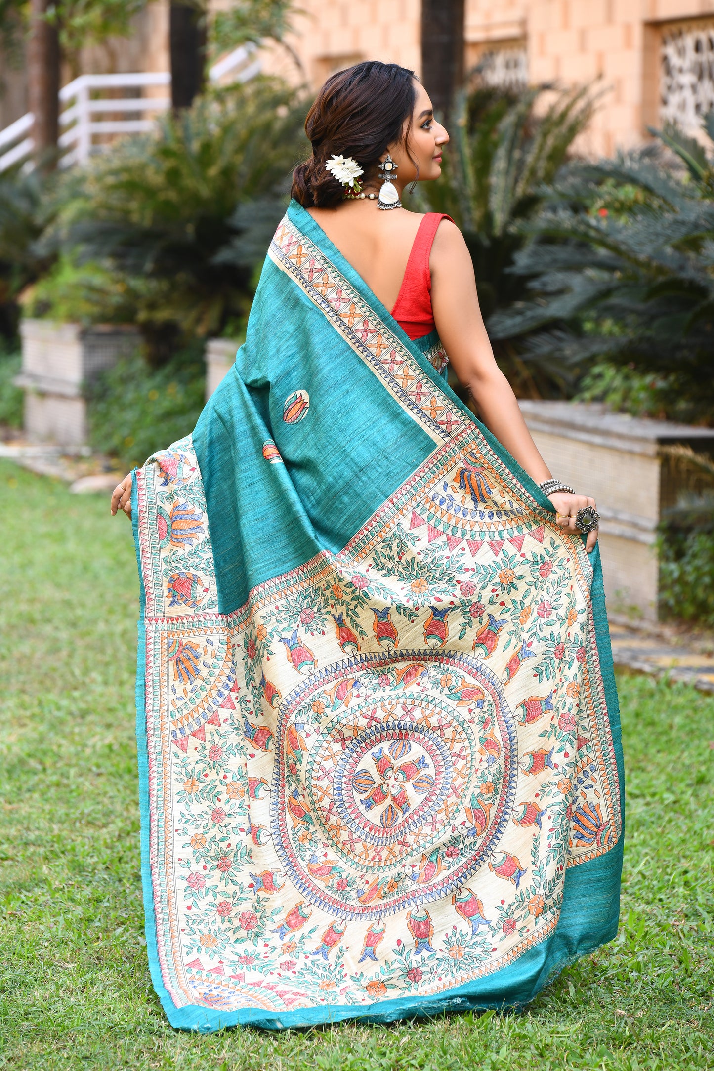 Green Madhubani Pure Silk Mark Certified Tussar Ghicha Silk Sarees - Dailybuyys