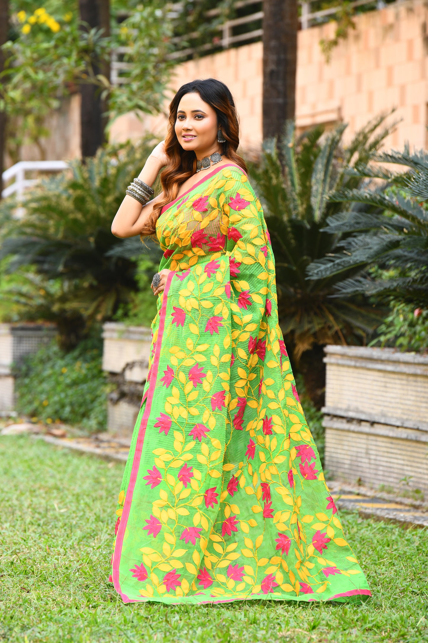 Green Applique Work Pure Noil Cotton Sarees - Dailybuyys