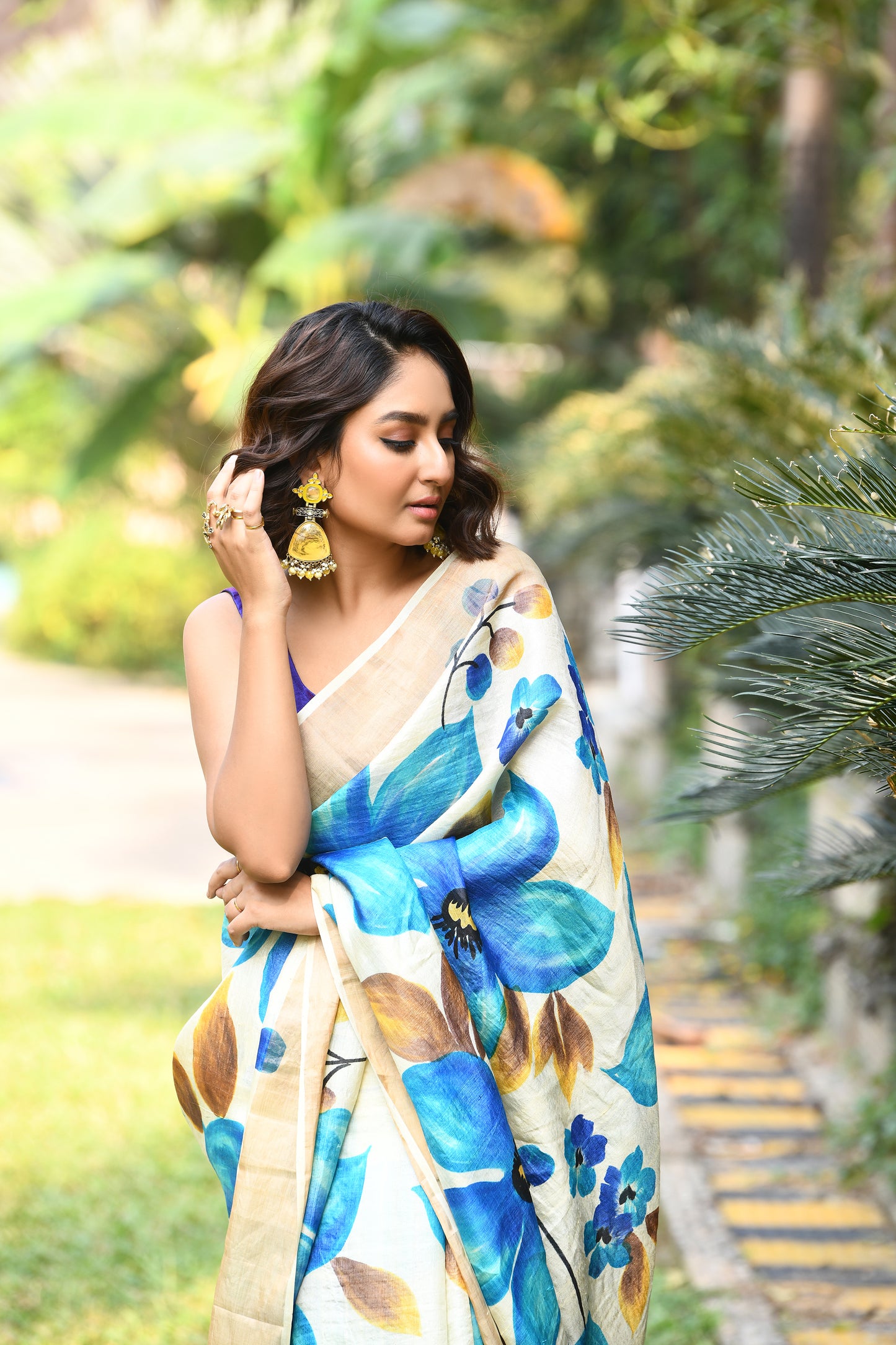 Blue Floral Hand Painted Zari Border Pure Silk Mark Certified Tussar Silk Sarees - Dailybuyys