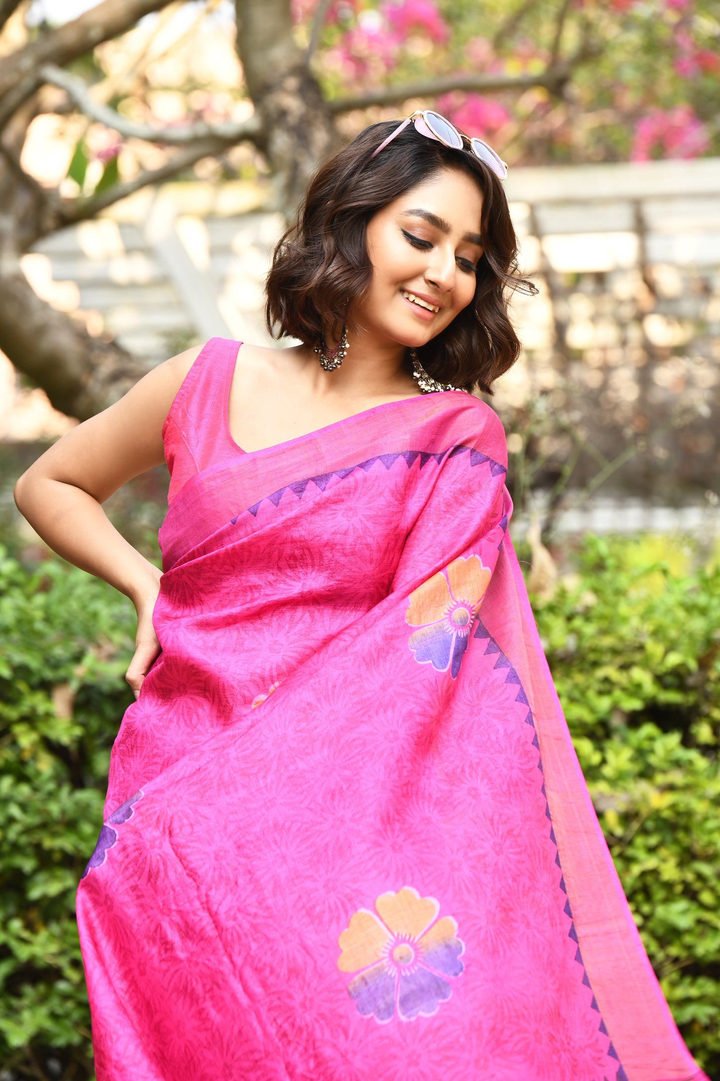 Pink Floral Block Printed Zari Border Pure Tussar Sarees - Dailybuyys