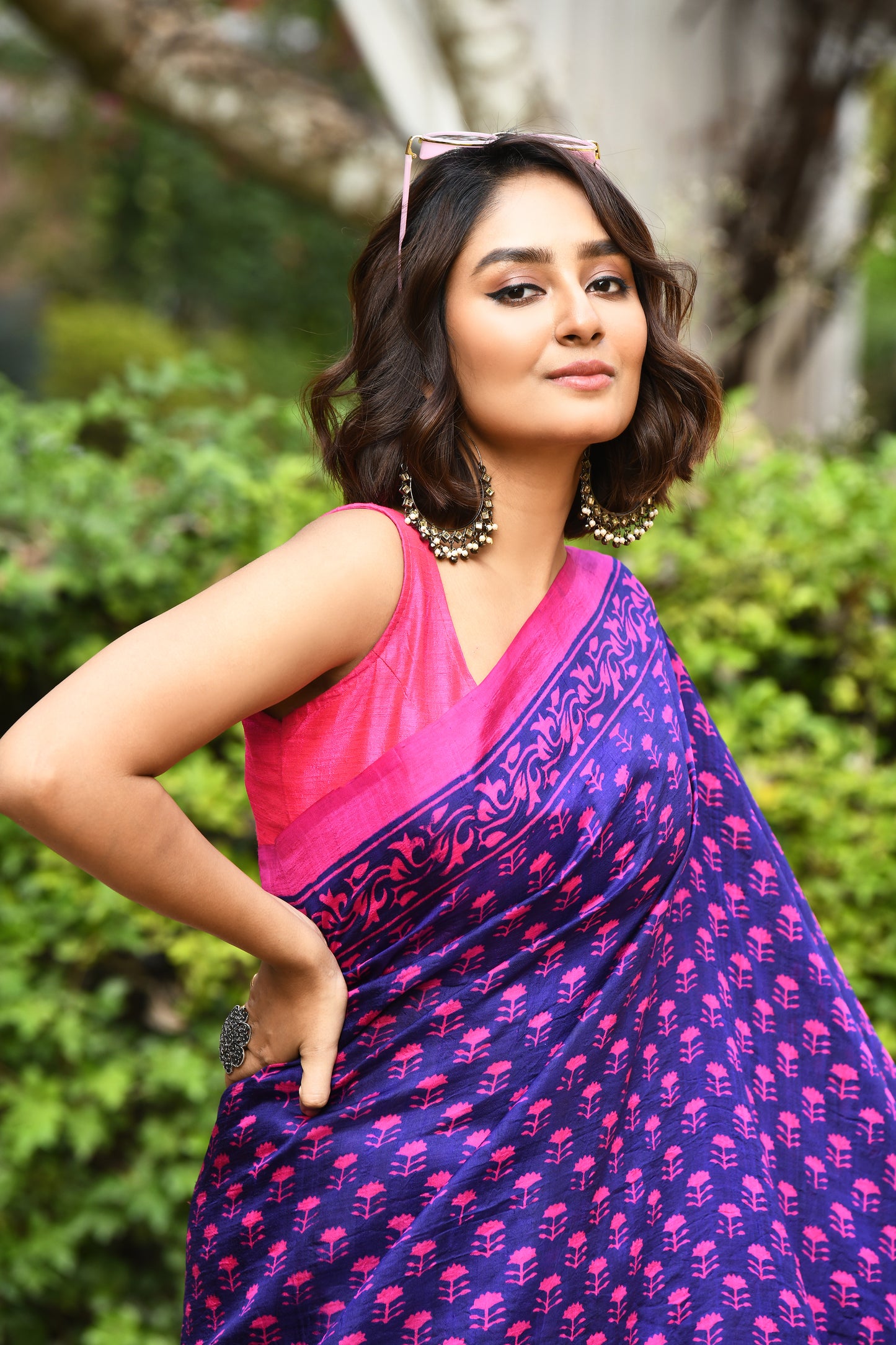 Blue And Pink Block Printed Pure Silk Mark Certified Bishnupuri Silk Sarees - Dailybuyys