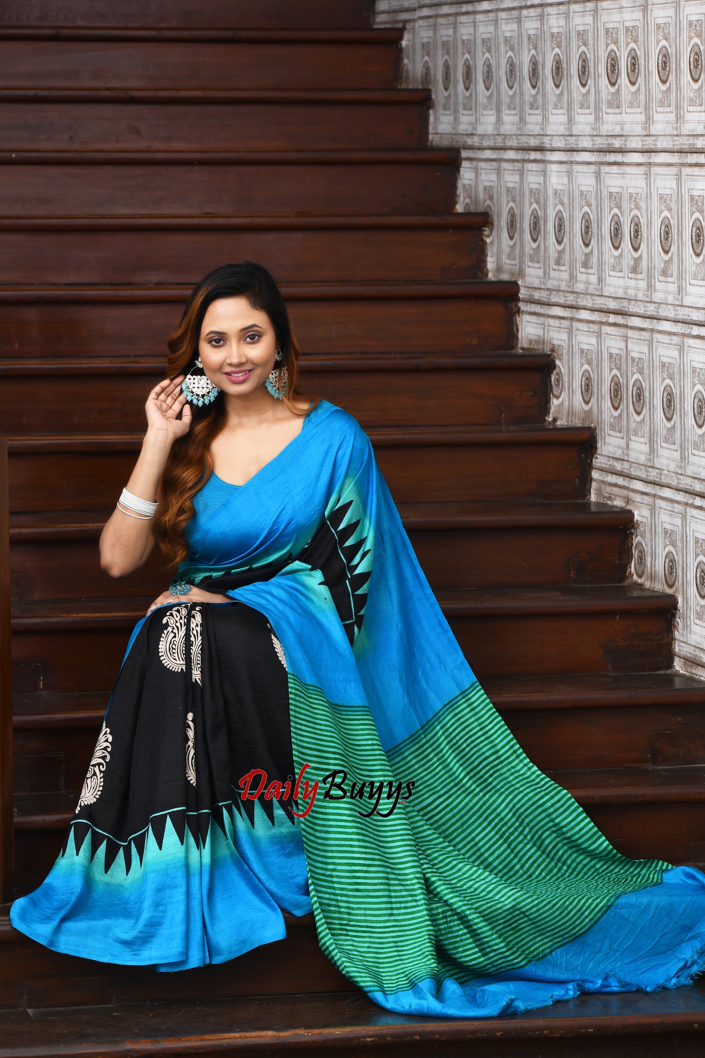 Blue Black Block Painted Pure Silk Mark Certified Bishnupuri Silk Sarees - Dailybuyys