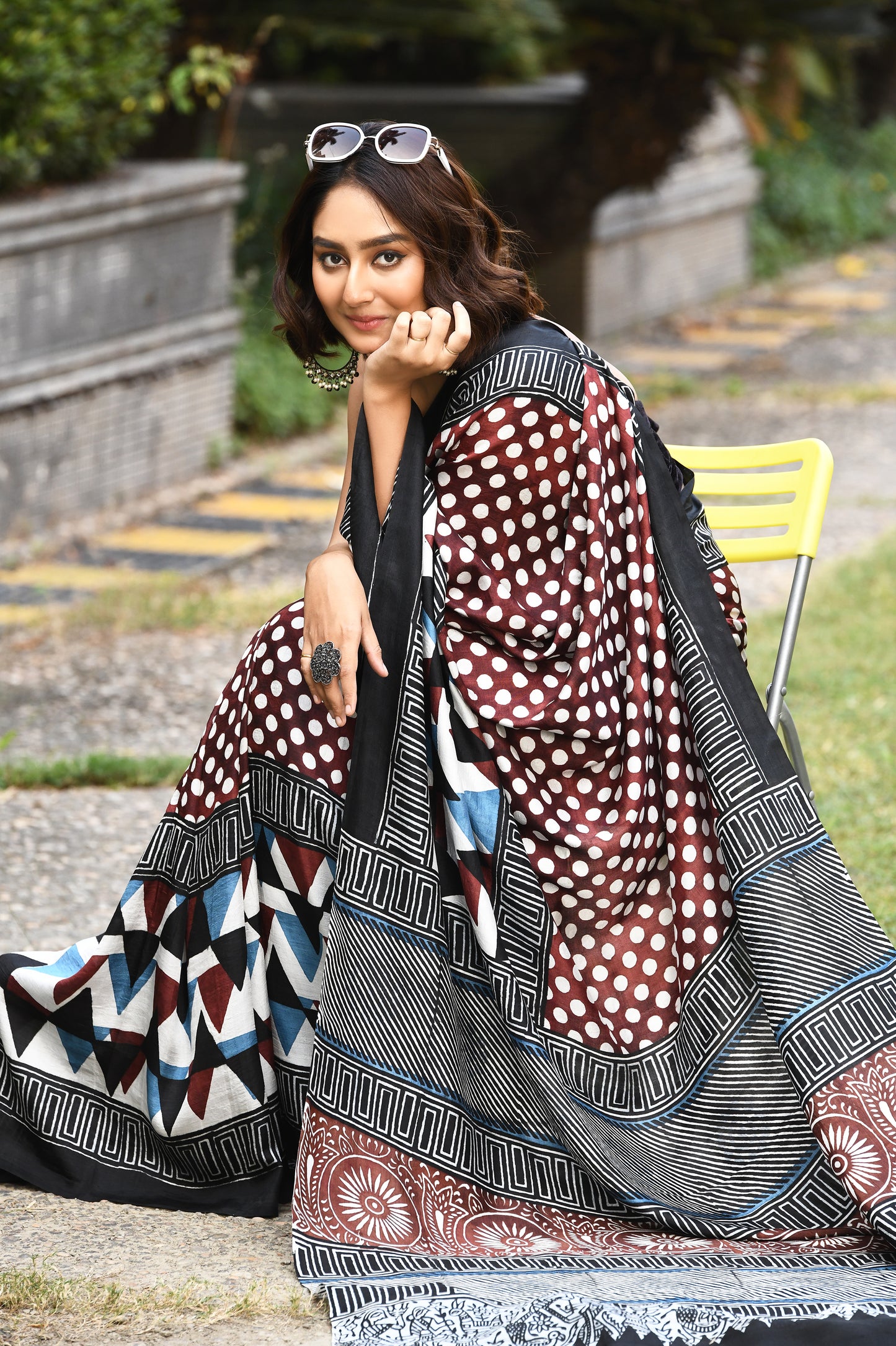 Brown and Black Ajrakh Block Printed Pure Silk Mark Certified Bishnupuri Silk Sarees - Dailybuyys