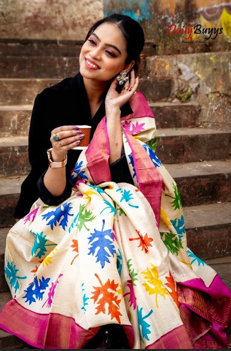 Muticolor Block Printed Leaf Motive Pure Silk Mark Certified Tussar Silk Sarees